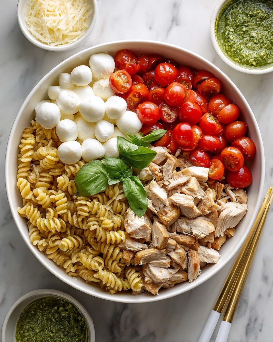 A large white bowl filled with three layers: the base layer is light yellow spiral pasta mixed with green pesto sauce, the middle layer has medium-sized pieces of cooked light brown chicken, and the top layer includes red halved cherry tomatoes, small whole white mozzarella balls, and fresh green basil leaves scattered on top; on the right side of the bowl, two white chopsticks with gold tips are placed. The bowl sits on a white marbled surface with a small white bowl of green pesto sauce and a small white bowl of grated cheese beside it. Photo taken with an iphone --ar 4:5 --v 7
