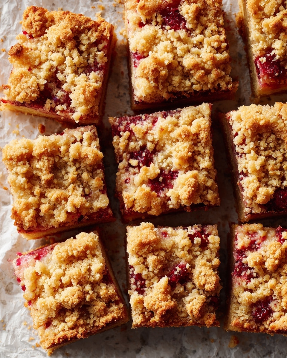 A close-up top view of nine square slices of crumb cake arranged tightly on a crinkled white paper over a white marbled surface. Each slice has a golden brown crumbly topping with visible small pieces of red fruit scattered throughout. The texture on top looks crunchy and uneven with soft, light brown cake underneath. The slices are evenly cut and have a thick layer of crumb topping, making the cake look rich and inviting. Photo taken with an iphone --ar 4:5 --v 7