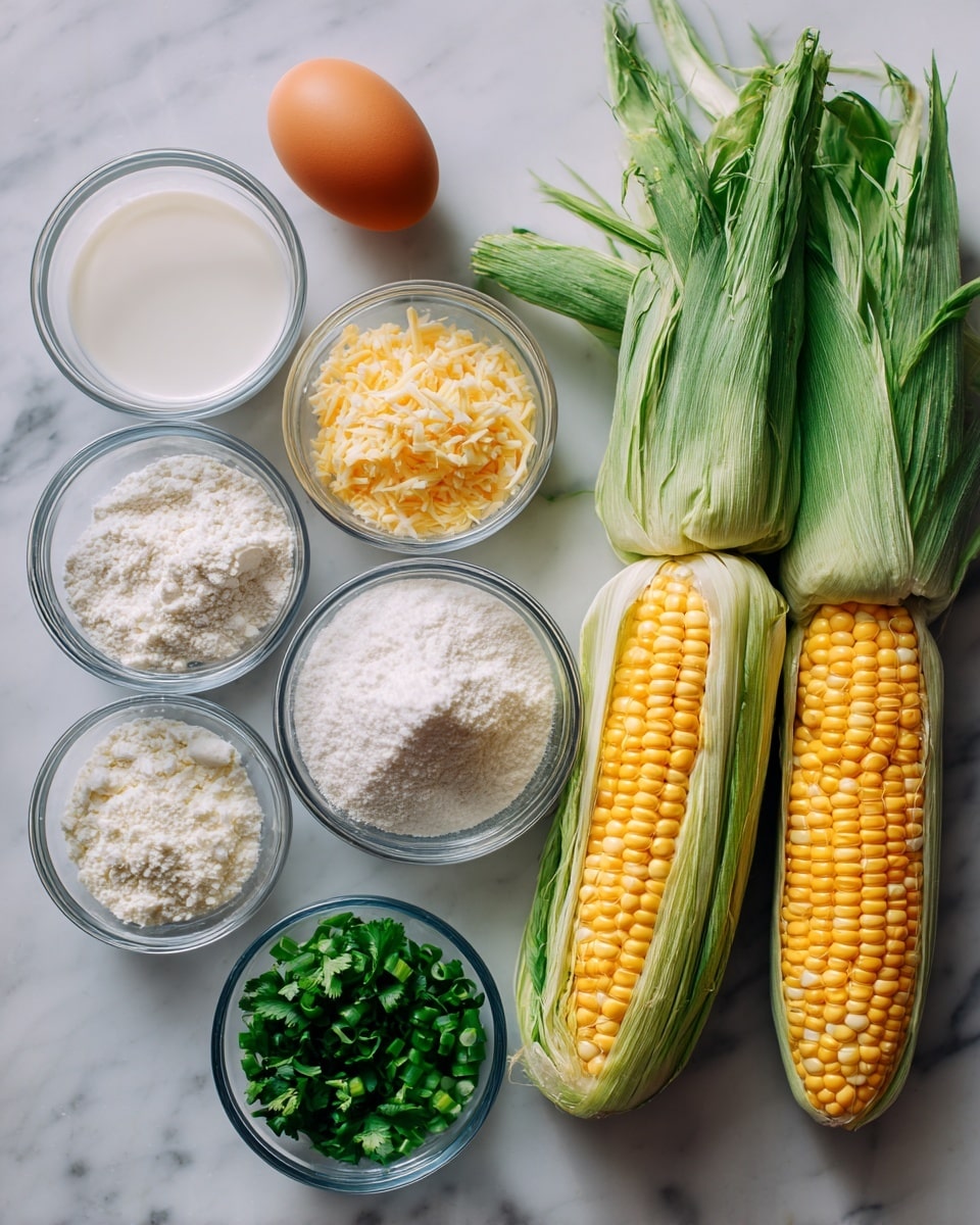 The image shows two whole ears of yellow corn with green husks partially peeled back, placed on a white marbled surface. Nearby, an orange egg lies on the left side. There are six small clear glass bowls arranged around the corn, each filled with different ingredients: white milk, white baking soda powder, a mix of white cornstarch and cornflour, white flour, light yellow grated parmesan cheese, chopped bright green spring onions, and finely chopped fresh green coriander or cilantro. Each bowl is labeled with its ingredient in dark blue and white text. The scene is well-lit and clean, with a clear view of each ingredient’s texture and color. Photo taken with an iphone --ar 4:5 --v 7
