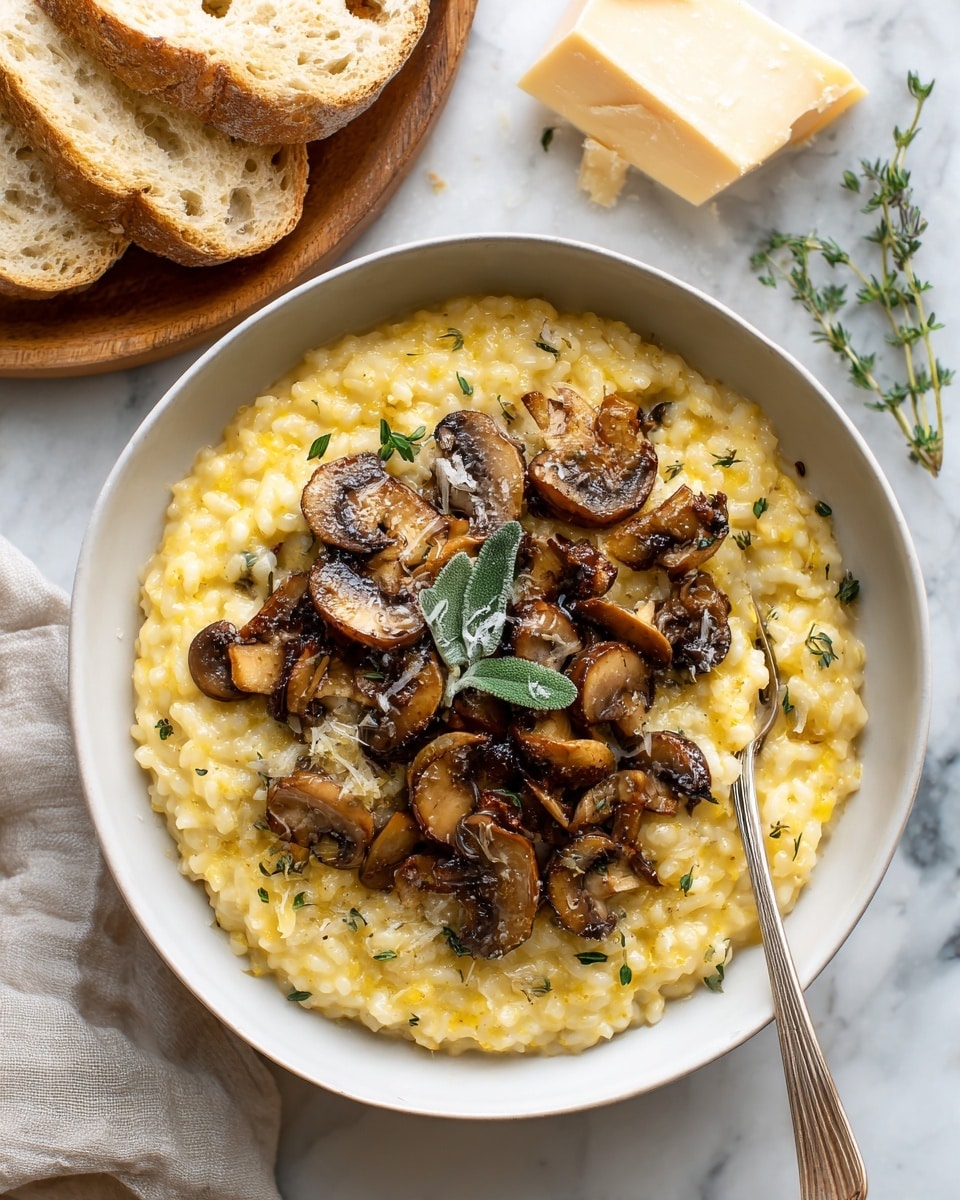 A round white bowl with a base layer of light yellow risotto textured with small bits of herbs, topped with a layer of golden-brown sautéed mushrooms that have slightly crispy edges, and garnished with a small sprig of fresh green thyme and sage leaves placed at the center. The bowl is placed on a white marbled surface, next to a wooden plate holding slices of white bread with a soft texture, and a visible chunk of pale yellow cheese in the background. A silver fork is partially inside the bowl, resting on the risotto, photo taken with an iphone --ar 4:5 --v 7
