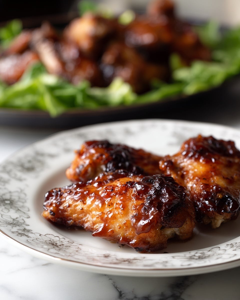 Two pieces of fried chicken wings with a shiny brown sauce on them sit in the center of a white plate with a delicate gray and white flower pattern around the rim. In the background, there is a dark dish with more wings surrounded by green lettuce leaves, all on a white marbled surface. The focus is on the two wings on the plate, showing the sauce's glossy texture and the crispy skin on the chicken. photo taken with an iphone --ar 4:5 --v 7