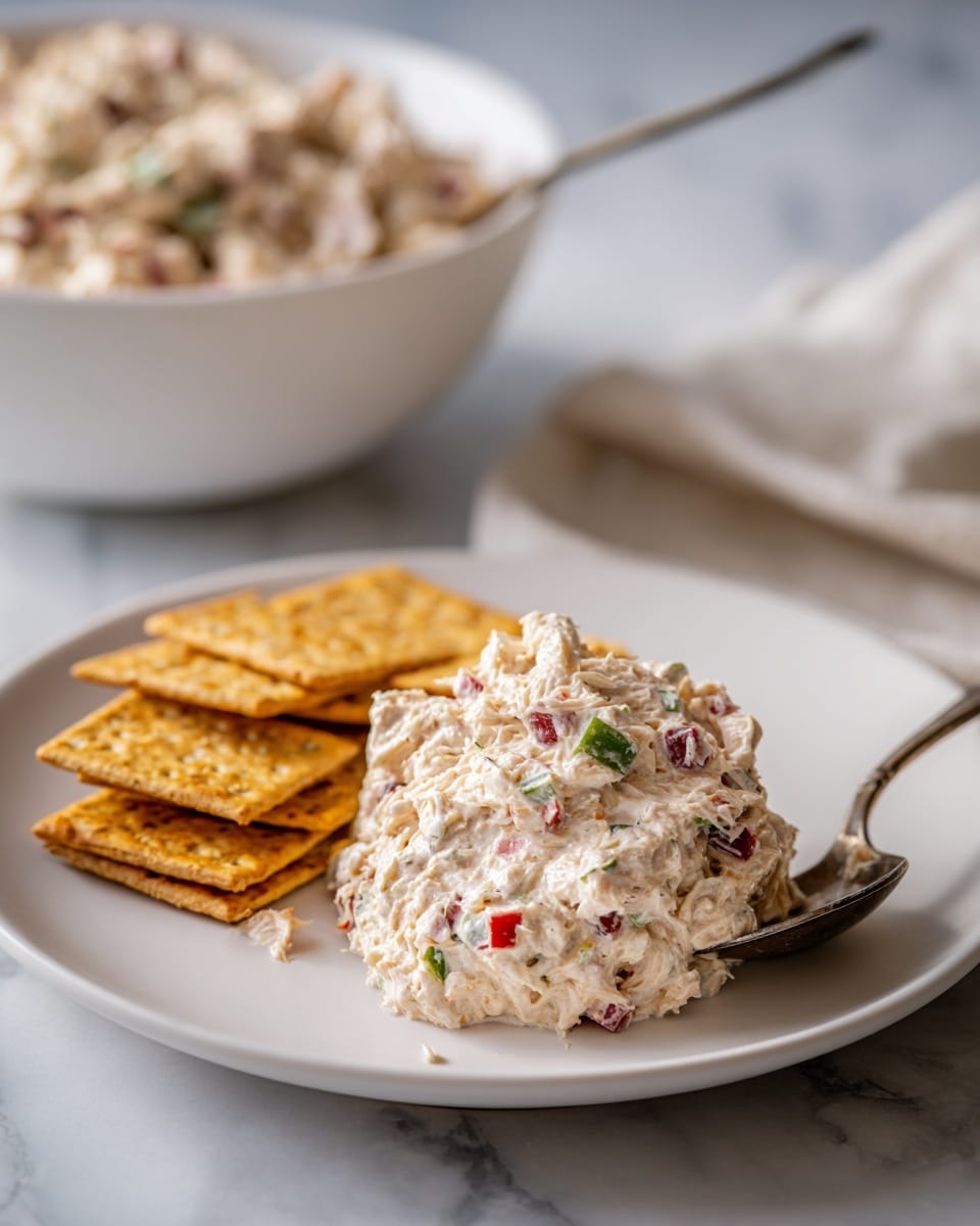 A white plate sits on a white marbled surface, with a large scoop of creamy tuna salad that has visible small pieces of red and green bell peppers mixed in, giving it a speckled look with red and green colors in the light beige creamy base. Next to the tuna salad, there are five crispy, square wheat crackers stacked slightly but visible individually, showing a golden brown texture with some darker toasted spots. In the background, slightly out of focus, there is a white bowl filled with more tuna salad and a spoon inside it. The whole scene is softly lit, creating a fresh and natural feel. Photo taken with an iphone --ar 4:5 --v 7