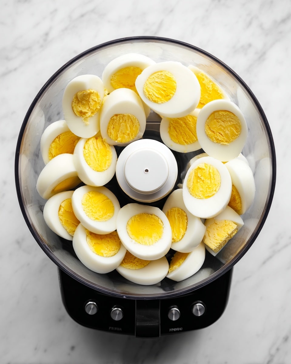A clear food processor bowl filled with about a dozen slices of hard-boiled eggs arranged loosely around the central white blade piece. Each slice shows a bright yellow yolk center surrounded by firm white egg whites. The food processor base is black with buttons visible, set on a white marbled surface. Photo taken with an iphone --ar 4:5 --v 7