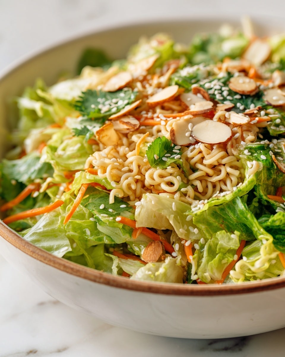 A close-up of a salad in a white bowl with a wooden rim, placed on a white marbled surface. The salad has several layers, starting with shredded green lettuce forming the base, mixed with thin orange carrot sticks and curly green herb leaves. On top of these, there are crunchy light brown ramen noodles scattered throughout. The salad is topped with thin, oval, light brown almond slices and sprinkled white sesame seeds, adding texture and contrast. The colors mix vibrant greens, bright orange, soft beige, and white accents that create a fresh and crunchy look. Photo taken with an iphone --ar 4:5 --v 7