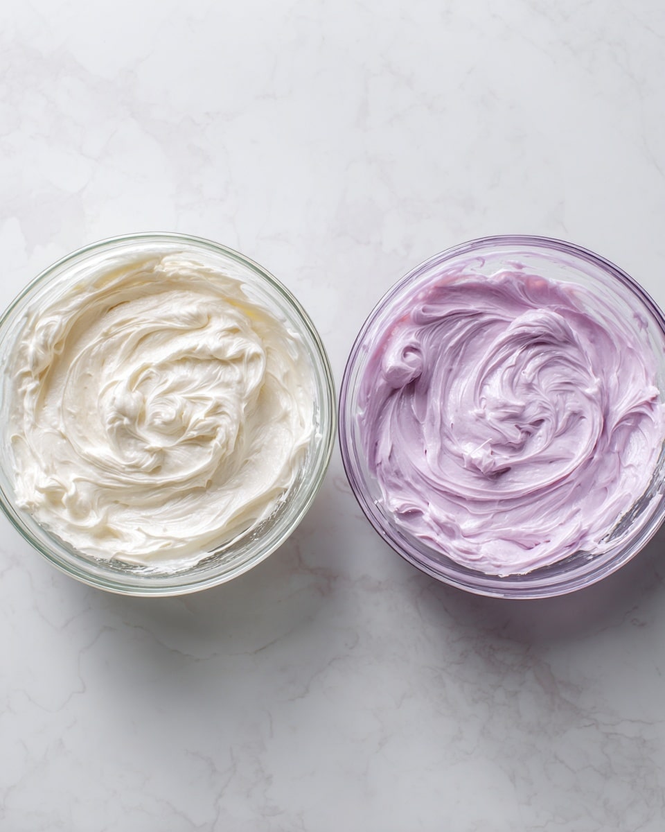 Two glass bowls are placed side by side on a white marbled surface. The bowl on the left contains white creamy frosting with a smooth and fluffy texture, showing a gentle swirl pattern where it has been mixed. The bowl on the right holds similar frosting but colored light purple, also showing soft swirling marks marking the mixing process. Both bowls are clear and round, emphasizing the contrast between the white and purple frosting. The image is bright with even lighting, and no other objects are visible. Photo taken with an iphone --ar 4:5 --v 7