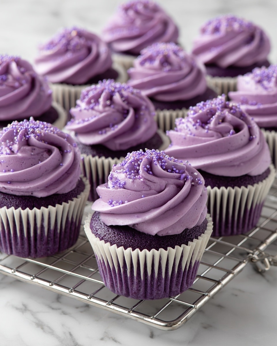 The image shows 24 purple cupcakes arranged on a silver wire cooling rack over a white marbled surface. Each cupcake has two layers: a deep purple cake base in white paper liners, topped with a smooth swirl of light purple frosting decorated with small purple sparkling sugar crystals spread evenly on top. The frosting is neatly piped in a circular motion creating a textured spiral shape on each cupcake. The scene is bright and clean, emphasizing the vibrant purple colors of the cupcakes. photo taken with an iphone --ar 4:5 --v 7