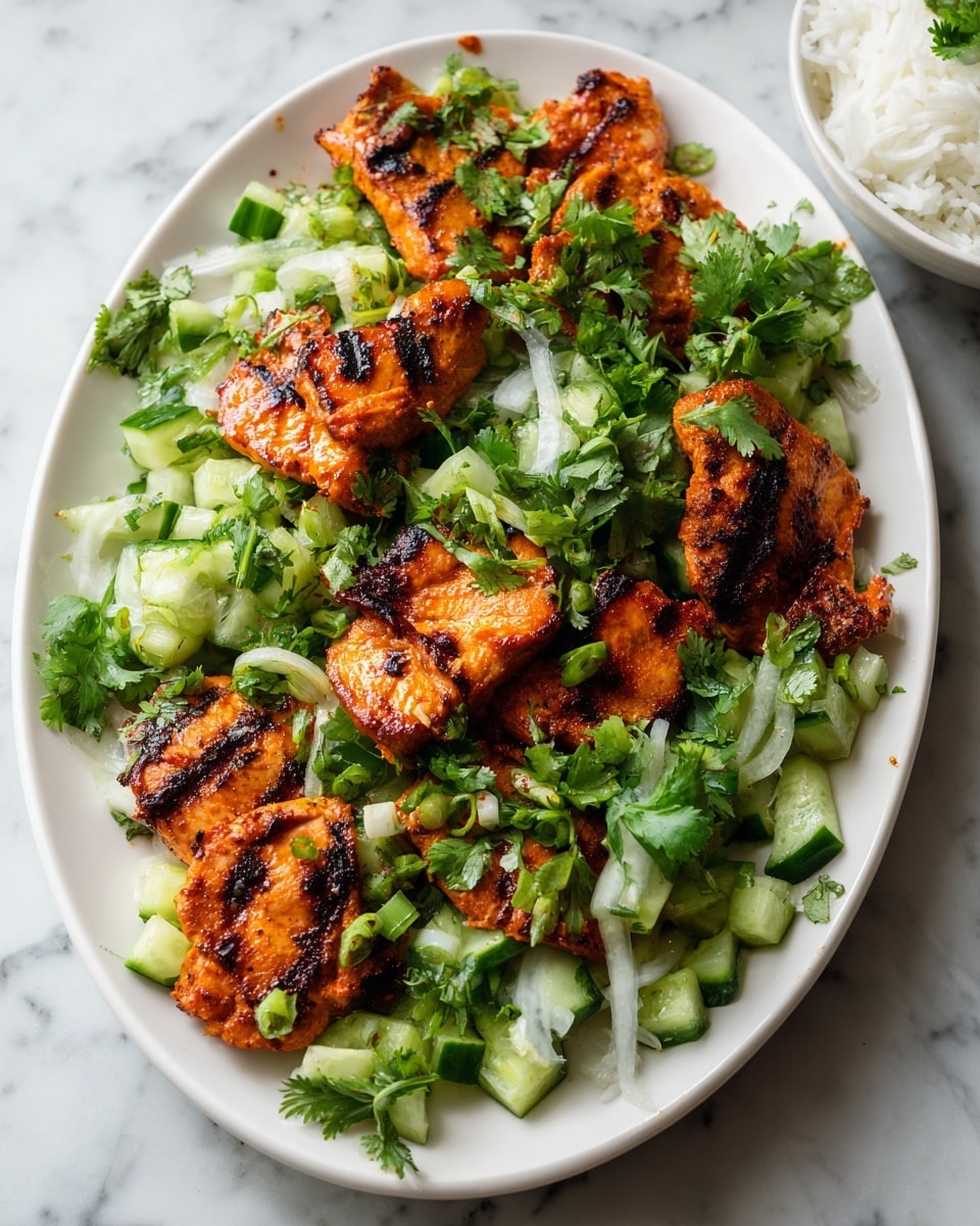 The image shows a white oval plate filled with several pieces of grilled, orange-colored meat with visible dark char marks. On top and around the meat are bright green cucumber chunks mixed with sprigs of fresh cilantro and slices of green onion, adding a fresh and vibrant look. The background is a white marbled surface with a small part of a white bowl containing cooked rice on the lower right side. The lighting highlights the texture of the grilled meat and the freshness of the greens. photo taken with an iphone --ar 4:5 --v 7