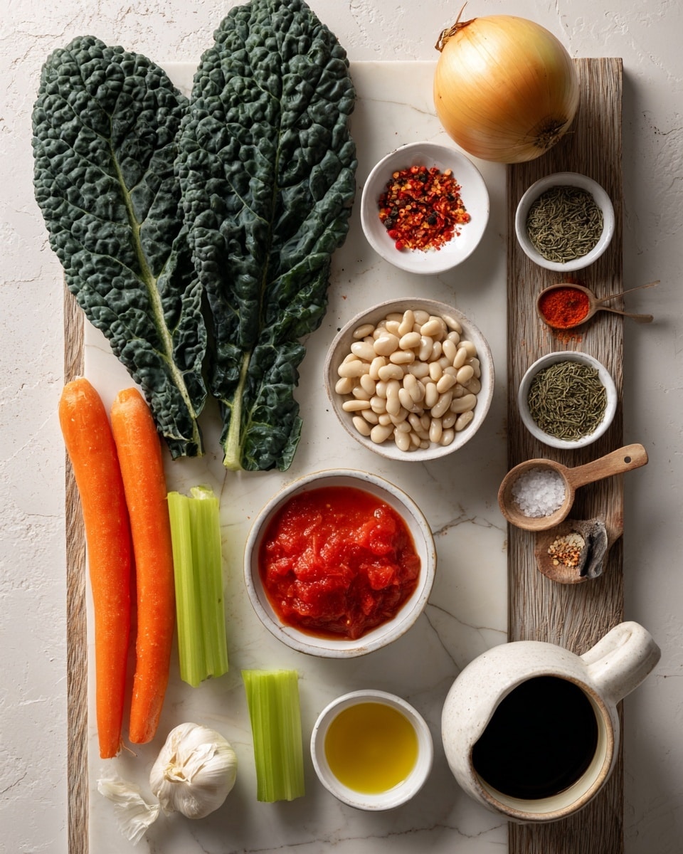 A white marbled surface holds an arrangement of fresh and prepared ingredients including large dark green textured kale leaves on the left, next to two bright orange carrots and two celery stalks with light green ridged textures. Above the vegetables, there is a single whole round yellow onion with a dry outer skin. Moving to the right, there are small white bowls and containers filled with ingredients: a bowl of pale white beans, a dish with a red tomato paste center, a bowl with vibrant chopped red tomatoes in juice, a bowl with clear golden olive oil, a small white ceramic cup with a light brown liquid, and a white bowl of creamy white liquid. A light wooden board at the top right shows wooden spoons filled with coarse black pepper, mixed dried green herbs, white salt, three peeled white garlic cloves, and a spoon with red chili flakes. The corner also includes a cup of black coffee. The scene is softly lit and all items are neatly placed for clear visibility photo taken with an iphone --ar 4:5 --v 7
