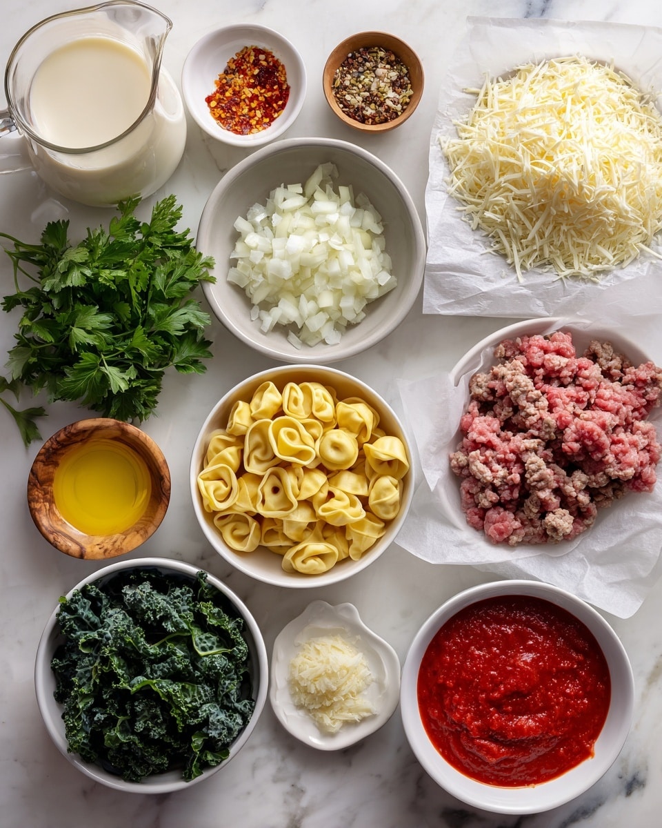 A flat layout of cooking ingredients on a white marbled surface, showing several bowls and containers arranged in rows. In the bottom row, from left to right, there is a white bowl filled with dark green kale leaves, a white bowl with yellow tortellini pasta, a small white plate of finely minced garlic, and a white bowl filled with red tomato sauce. Above these, on the right, there is a large white bowl filled with shredded white cheese, next to fresh parsley leaves on the white marbled surface. Moving left, there is a pile of raw ground meat on white parchment paper, a grey bowl with diced white onions, a small white dish with olive oil, and a small wooden bowl with red chili flakes. On the top left, there is a small white bowl with a reddish sauce, a glass pitcher with cream, a wooden bowl filled with grated cheese, and a tiny white bowl holding orange liquid. The colors range from green and yellow to red, white, and brown, showing clear textures and freshness. Photo taken with an iphone --ar 4:5 --v 7