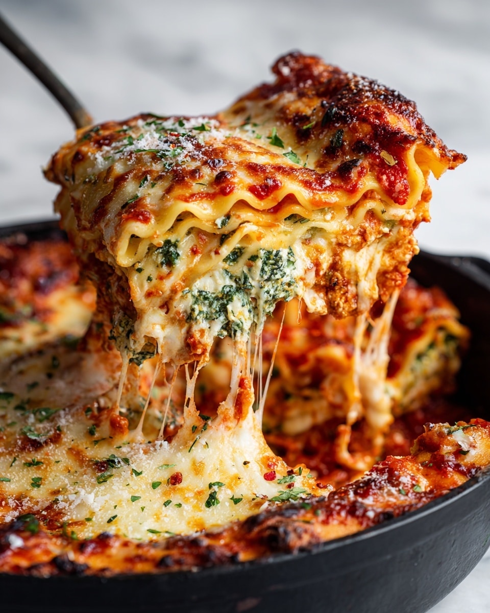 The image shows a close-up of a serving spoon lifting a piece of lasagna from a black pan. The lasagna has several layers: a top layer of melted, golden-brown cheese with some browning edges, beneath which there is a red tomato sauce mixed with melted cheese stretching from the pan to the spoon. Below that, you can see layers of pasta sheets and a mixture of cooked spinach and tomato sauce, along with small bits of herbs sprinkled on top. The textures range from gooey melted cheese to tender pasta and sauce, with visible herbs and red pepper flakes scattered throughout. The background surface is white marbled. Photo taken with an iphone --ar 4:5 --v 7