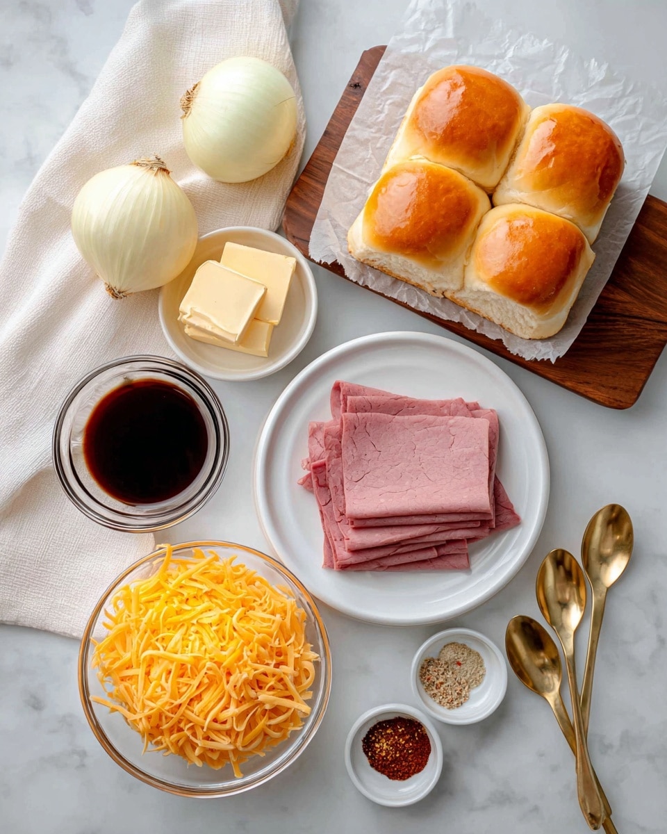 The image shows food ingredients neatly arranged on a white marbled surface. There is a stack of golden brown Hawaiian rolls on white parchment paper placed on a wooden board at the top right. Below it, a white plate holds several thin layers of pinkish roast beef folded softly. To the left, two whole pale yellow onions rest on a white cloth. Near the center, a clear glass bowl contains bright orange shredded cheddar cheese with a solid block of cheddar on top. Above that, a small glass bowl with dark brown Worcestershire sauce sits beside the roast beef. To the right, a small white bowl contains two pieces of pale yellow butter. Finally, four gold spoons at the bottom right hold various reddish and beige seasonings arranged from dark to light. The photo is taken with an iphone --ar 4:5 --v 7
