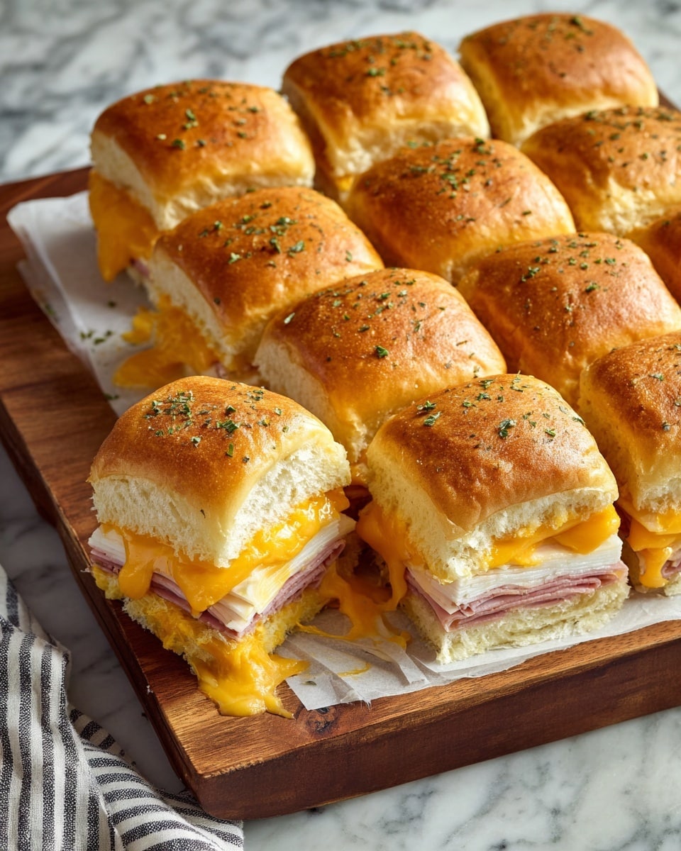A wooden board with a white sheet on top holds a set of nine neatly arranged sandwich sliders, each topped with golden-brown, soft buns sprinkled with green herb bits. One slider is pulled out to show its inside layers: a soft bun on top, a thick layer of shiny orange melted cheese, several thin slices of folded pinkish deli meat, a layer of white bread or cheese, and a bottom bun. Some melted cheese spills out around the sliders, and the board is placed on a white marbled surface with a striped cloth partially visible in the corner. photo taken with an iphone --ar 4:5 --v 7