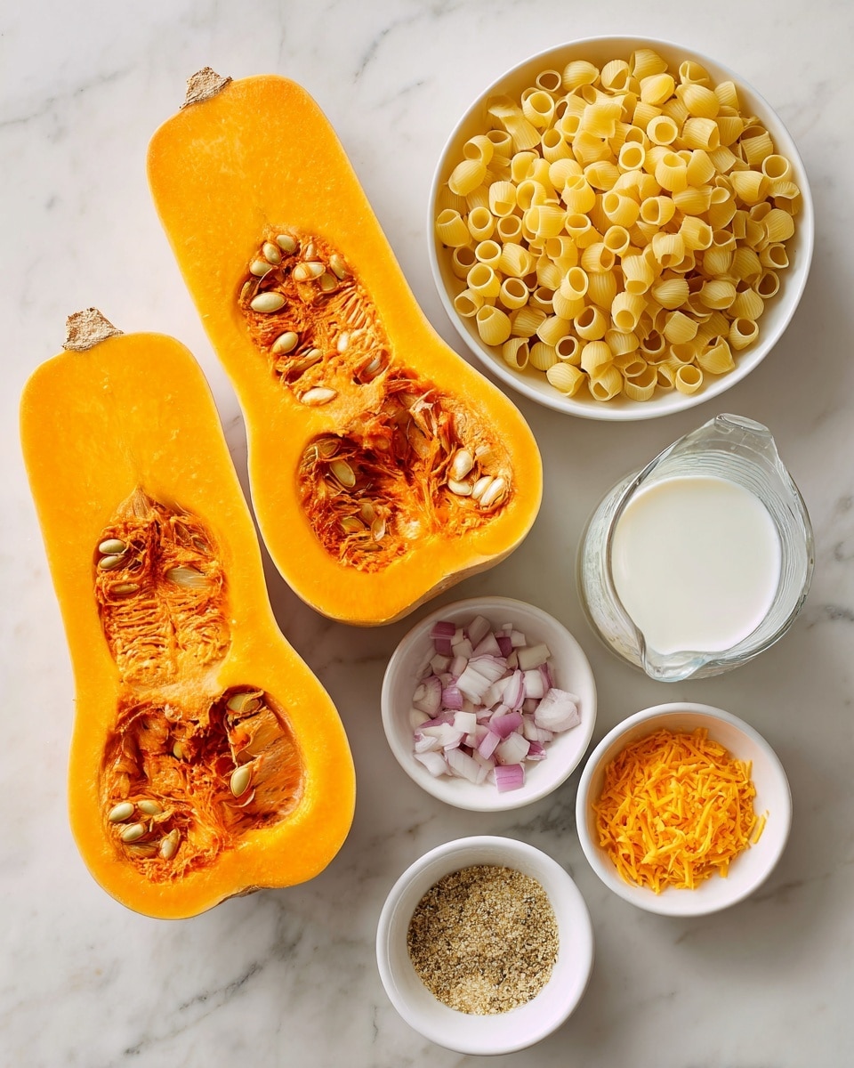 The image shows two halves of roasted butternut squash with orange flesh and seeds inside, placed on the left side on a white marbled surface. To the right, there is a white bowl full of yellow pasta shapes. Below the bowl, there are smaller white bowls and a glass measuring cup with whole milk. The small bowls contain diced garlic, chopped shallot in light purple color, a mix of spices in light beige tones, golden olive oil, bright orange grated cheddar cheese, and light grated Parmesan cheese. All items are arranged neatly with clear space between them. Photo taken with an iphone --ar 4:5 --v 7