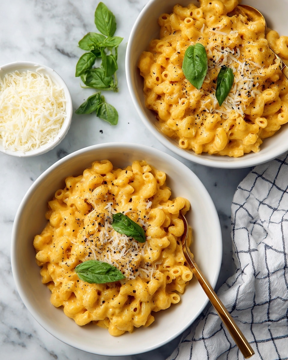 Two white bowls filled with creamy macaroni and cheese are placed on a white marbled surface. Each bowl contains small macaroni pasta coated in an orange-yellow cheese sauce with a smooth, slightly thick texture. On top of both bowls, there is a layer of shredded white cheese sprinkled with ground black pepper. Each bowl is garnished with three fresh, vibrant green basil leaves. Inside each bowl is a gold spoon resting on the side of the pasta. Nearby, to the left, is a small white bowl filled with shredded white cheese, and partially visible to the right is a white and blue checkered cloth. Photo taken with an iphone --ar 4:5 --v 7