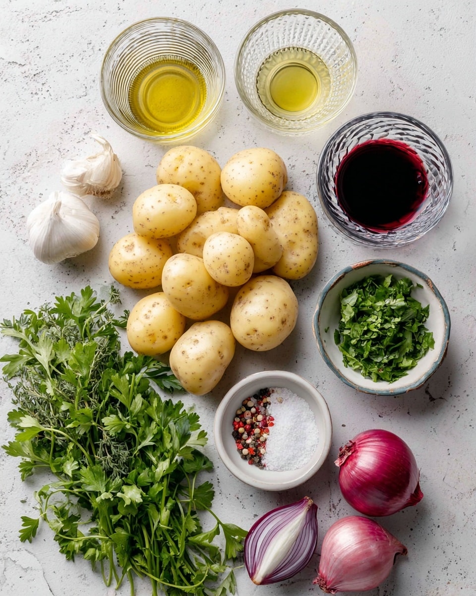 The image shows a white marbled surface with ingredients arranged neatly. In the center, there is a pile of baby potatoes with mostly light yellow and some red-skinned ones. To the top left, a small clear glass holds extra virgin olive oil with a light golden color. Next to it, a small ribbed glass contains red wine vinegar with a bright red hue. To the top right, a clear bowl holds canola oil, pale yellow in color. On the left side, bunches of fresh parsley and oregano with green leafy textures are placed near two garlic cloves that are off-white and smooth. On the right side, a bunch of cilantro with bright green leaves sits above a small white dish filled with a mix of salt, black pepper, and red pepper flakes showing distinct colors and coarse textures. At the bottom right, a halved red onion shows purple layers with smooth, shiny surfaces. The whole setup is well-lit, clean, and simple photo taken with an iphone --ar 4:5 --v 7
