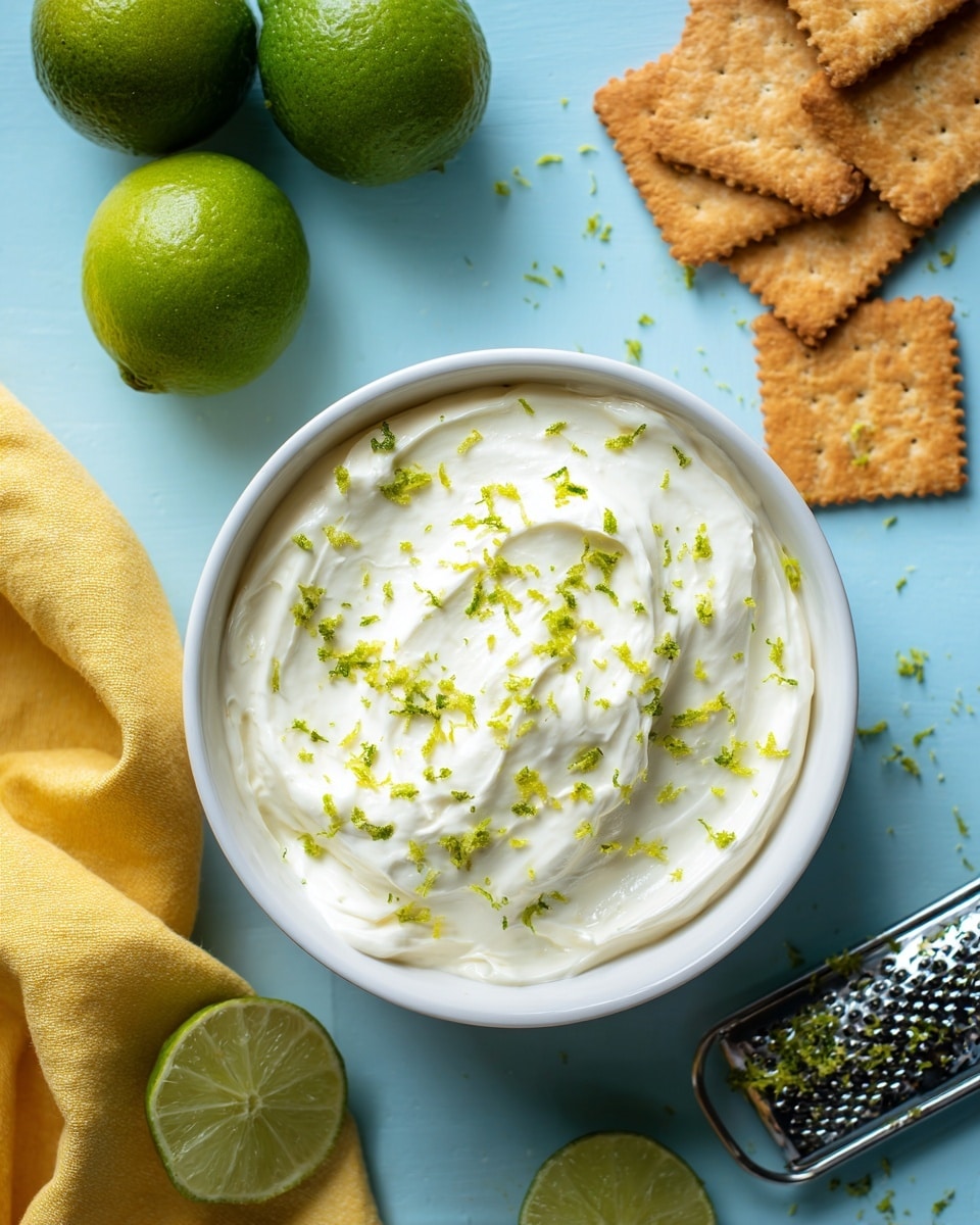 A white bowl filled with smooth creamy white mixture topped with small green lime zest pieces scattered evenly on its surface. The bowl is placed on a light blue surface with a yellow cloth to the left edge, three whole green limes above the bowl, and several brown rectangular crackers arranged casually on the upper right. A metal grater with bits of lime zest clinging to it lies diagonally on the lower right side. Photo taken with an iphone --ar 4:5 --v 7