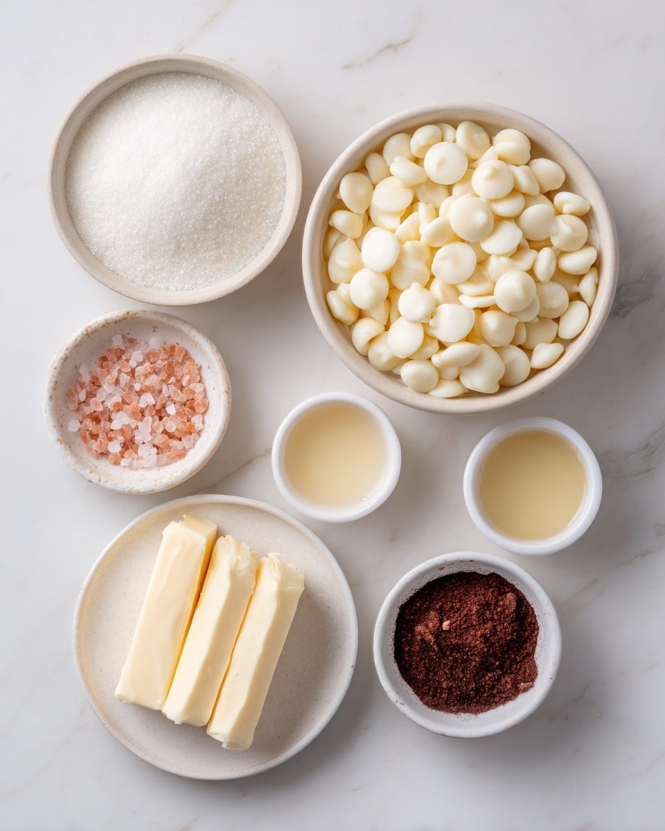 The image shows six small white bowls and plates arranged on a white marbled surface. The top left bowl is filled with fine white granulated sugar, looking smooth and even. To its right, a round white bowl is full of shiny, smooth, round white chocolate chips layered neatly to fill the bowl. Below the sugar bowl, a white plate holds two pale yellow sticks of soft butter with a smooth texture and straight edges. To the right, two small white ramekins hold cinnamon (a fine reddish-brown powder) and Mexican vanilla (a light yellow liquid). At the bottom left, a white ramekin contains coarse pink salt crystals. The arrangement is clean, bright, and organized with a soft natural light. Photo taken with an iphone --ar 4:5 --v 7