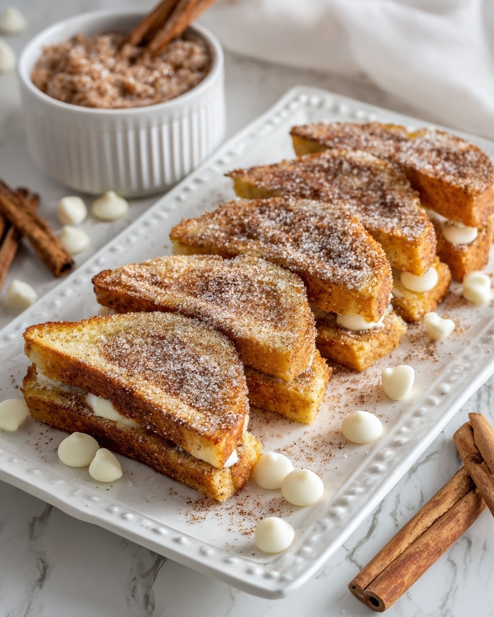 A white rectangular plate with a decorative edge holds eight toasted sandwich-like pieces, each dusted with a light brown cinnamon sugar layer on top, arranged leaning against each other in a row. Small white chocolate discs are scattered on and around the plate, along with whole cinnamon sticks placed horizontally beneath the toasted pieces. In the background, a white bowl filled with a cinnamon sugar mixture sits on a white marbled surface, with a cinnamon stick resting inside it. Photo taken with an iphone --ar 4:5 --v 7