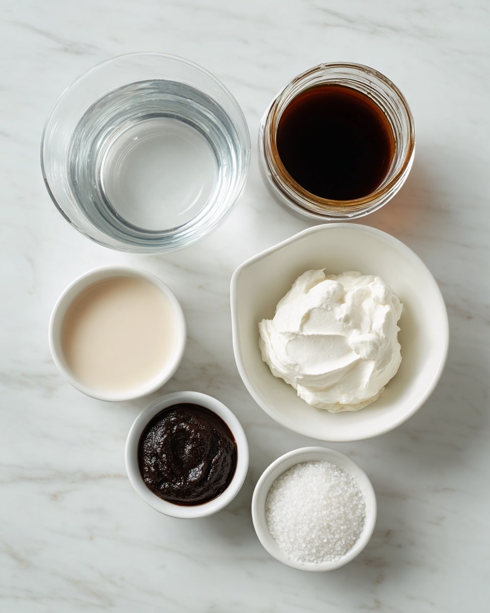 Five white bowls and one clear jar sit on a white marbled surface, each filled with different ingredients. Starting from the top left, a large white bowl holds clear water. To its right, a clear glass jar contains dark brown cold brew coffee. In the center, a small white bowl is filled with light-colored milk. Below and to the right, a larger white bowl has thick, white heavy cream. At the bottom right, a small white bowl holds white sugar granules. To the left of the sugar bowl, another small white bowl contains dark brown vanilla bean paste with a smooth texture. All items are neatly arranged in a semi-circle on the white marbled surface. Photo taken with an iphone --ar 4:5 --v 7