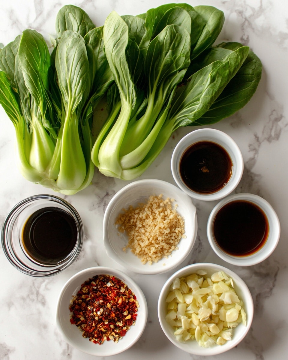 The image has several ingredients placed on a white marbled surface. On the upper left, there are fresh green bok choy leaves with light green stems. To the right, three white bowls hold dark brown oyster sauce, soy sauce almost filling the bowl with a shiny surface, and minced ginger with a pale yellow color. Below, a small glass contains dark brown sesame oil. Another white bowl shows red pepper flakes with bright red and orange pieces. Next to it is a bowl with chopped garlic, pale yellow and slightly wet. All items are spread neatly, showing clear textures and colors photo taken with an iphone --ar 4:5 --v 7