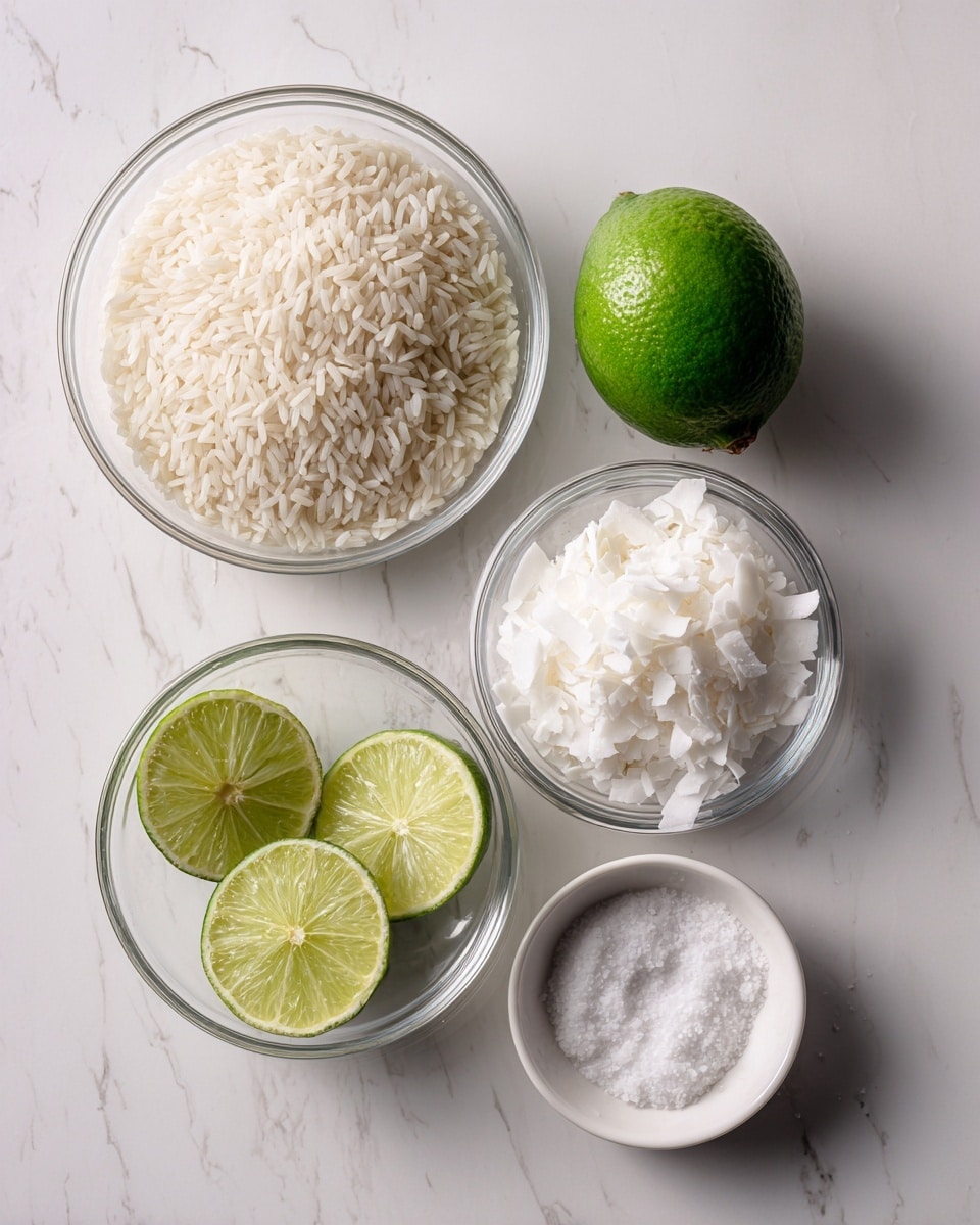 The image shows six ingredients on a white marbled surface, arranged in a loose circle. At the top left, there is a clear round bowl filled with long grain rice, showing its off-white, slightly shiny grains. To the right, a whole lime and a halved lime display a bright green, textured outer skin and juicy inner sections with visible segments. Below the rice, a clear bowl holds white coconut flakes with a rough, irregular texture. To the right of the flakes, another clear bowl contains solid white coconut oil with a smooth, creamy appearance. At the bottom center, a small white bowl holds fine, white salt granules. Each ingredient is labeled with simple black text on white rectangles, all set on a clean white marbled surface photo taken with an iphone --ar 4:5 --v 7