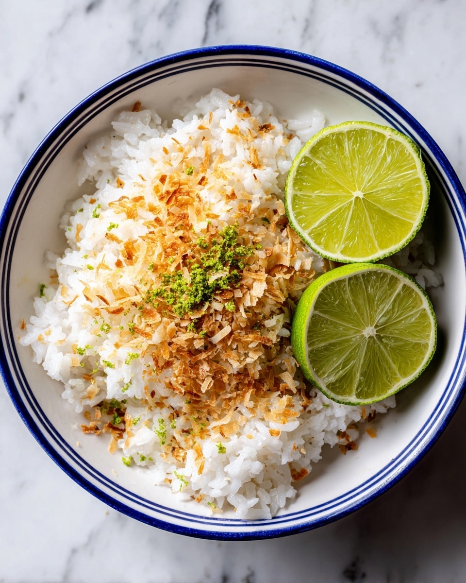 A white bowl with a thin blue edge holds a pile of fluffy white rice as the base layer, topped with scattered toasted coconut flakes that are golden brown and slightly curled, adding texture on top. Thin strands of bright green zest are sparingly sprinkled over the toasted coconut, giving a fresh color contrast. The bowl is placed on a white marbled surface. photo taken with an iphone --ar 4:5 --v 7