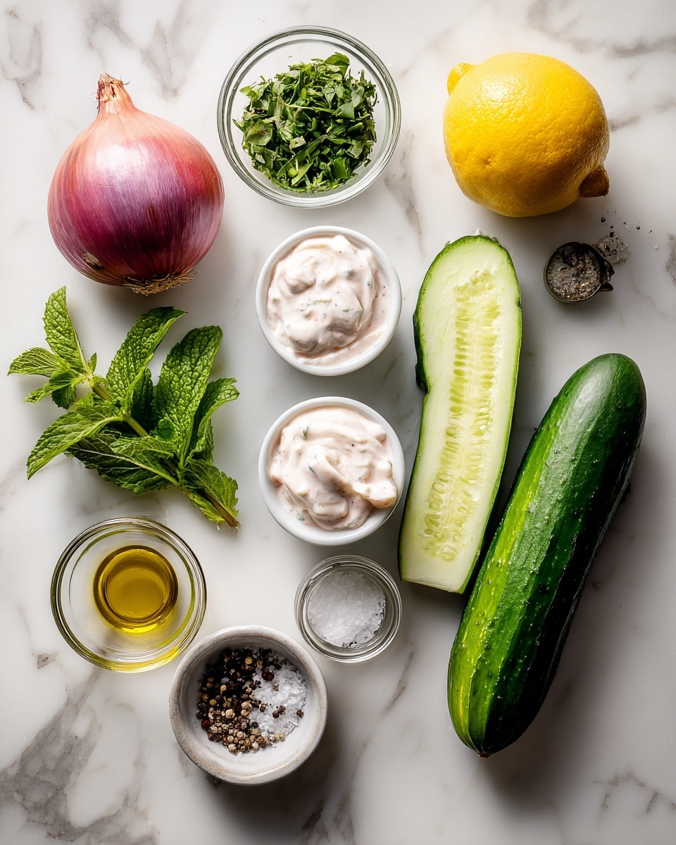 The image shows fresh cooking ingredients on a white marbled surface, including a whole shallot, a lemon, a tomato, and a cucumber sliced in half lengthwise. There are two small white containers filled with a creamy sauce, a small glass bowl with chopped green herbs, another small bowl with fresh mint leaves, a small glass jar of black pepper, a small glass jar of salt, and a small glass container filled with olive oil. The ingredients are neatly arranged in a grid-like pattern with clear shadows. Photo taken with an iphone --ar 4:5 --v 7