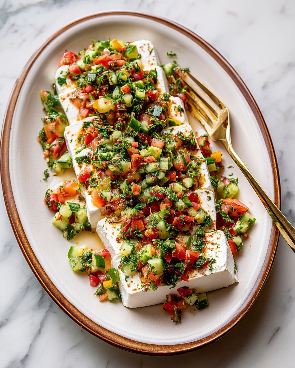 A long, smooth white block of tofu sits on a white oval plate with brown trim, placed against a white marbled surface. On top of the tofu, a colorful mix of chopped vegetables is being spooned from a brown bowl by a woman's hand holding a gold fork. The vegetable mix includes green cucumber pieces, red tomato chunks, finely chopped red onion, and fresh green herbs. The tofu has a slightly shiny texture with gentle ridges along its length. Photo taken with an iphone --ar 4:5 --v 7