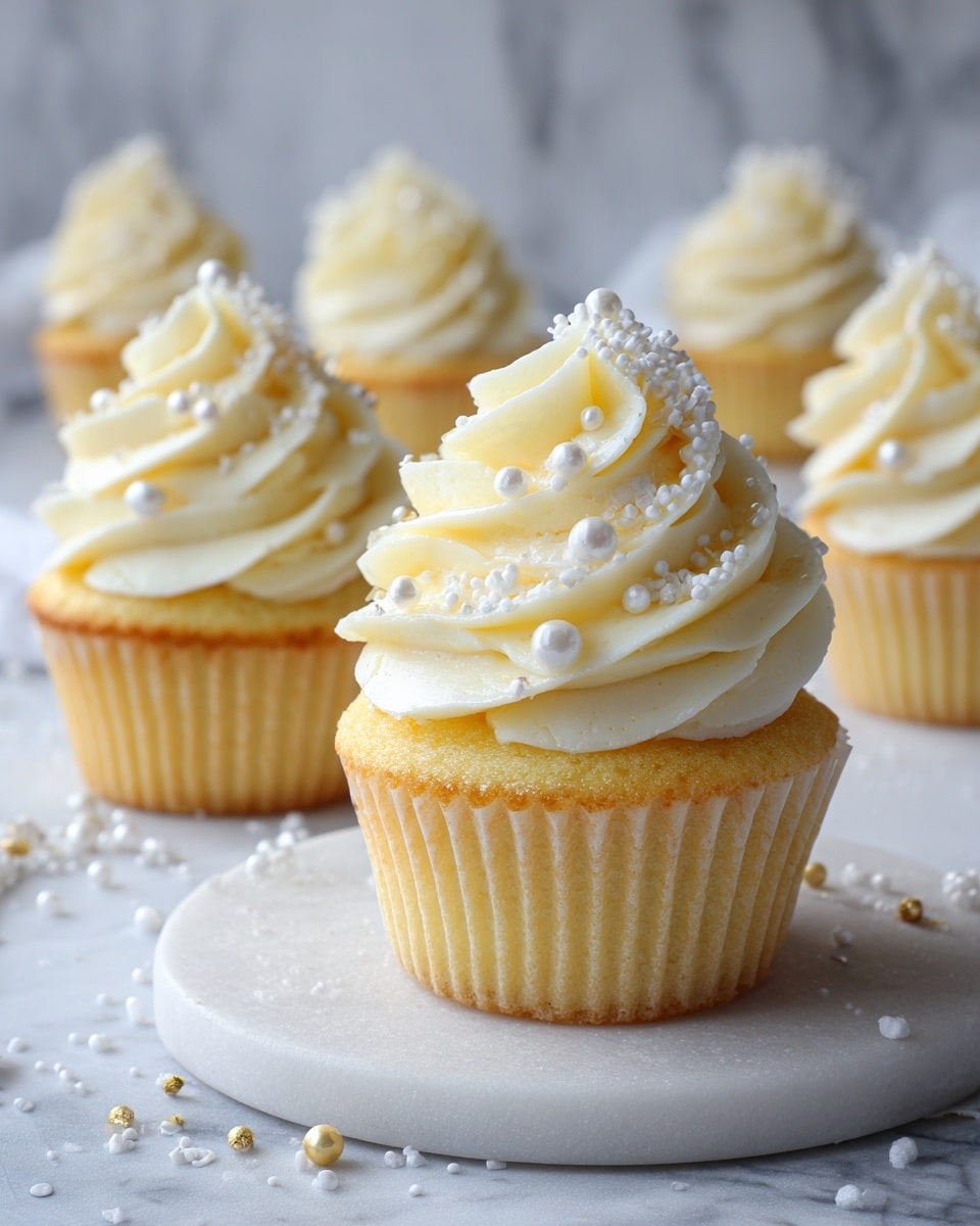 A group of vanilla cupcakes with light yellow cake bases, each topped with a thick swirl of creamy white frosting. The frosting is decorated with small white star and pearl sprinkles, adding texture and detail. The cupcakes sit on a round white marble surface, and scattered white sprinkles surround them. The background shows more cupcakes softly blurred with a white marbled texture. photo taken with an iphone --ar 4:5 --v 7