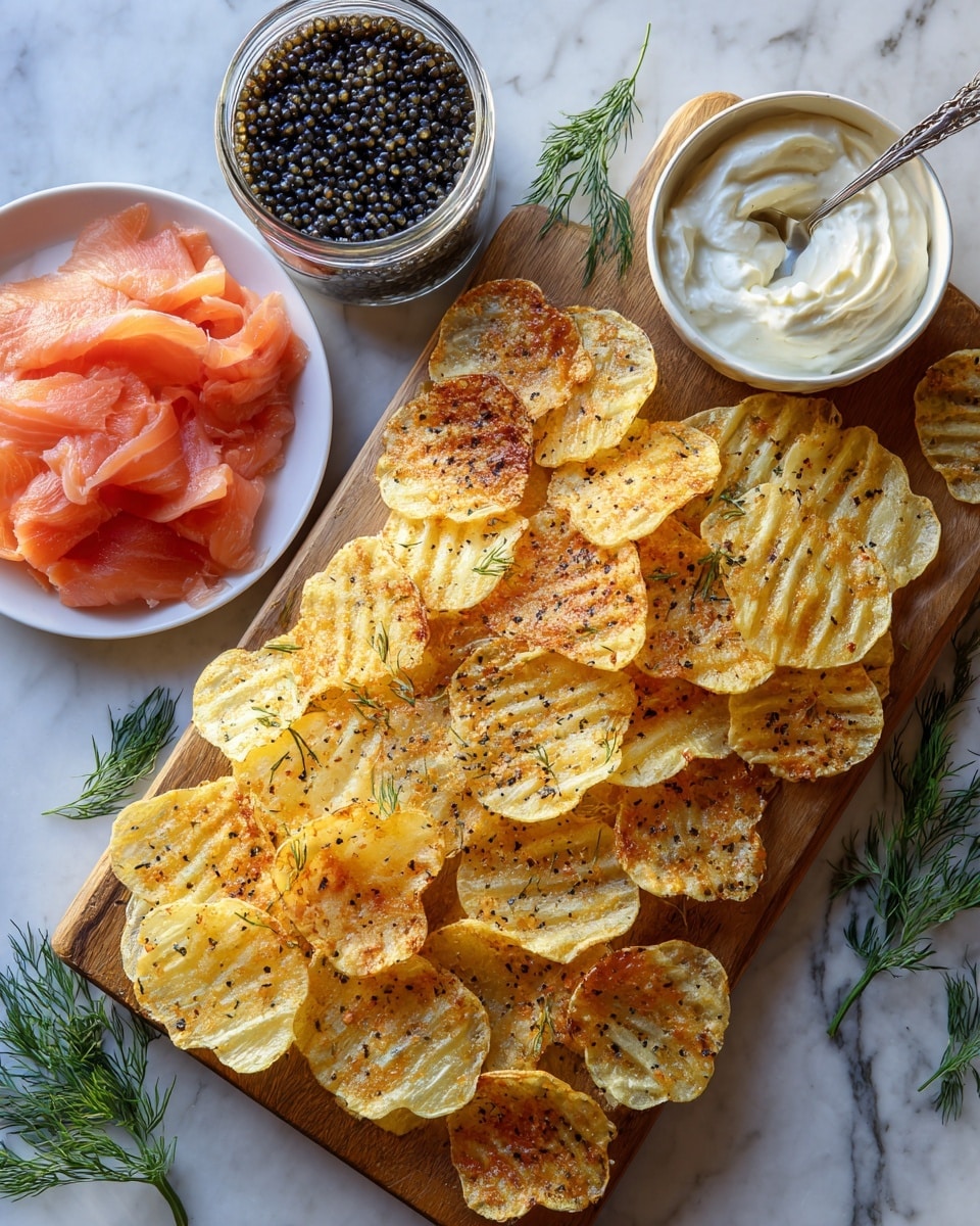 The image shows a wooden board with thin, wavy potato slices spread across it, each golden brown with grill marks and sprinkled with black pepper. On the bottom left is a white plate holding soft, thin slices of pink smoked salmon. At the top left is a jar filled with small black caviar, and at the top right is a white bowl filled with smooth, white cream with a spoon inside. Small green dill sprigs are placed around the board for garnish. The board is set on a white marbled surface. Photo taken with an iphone --ar 4:5 --v 7