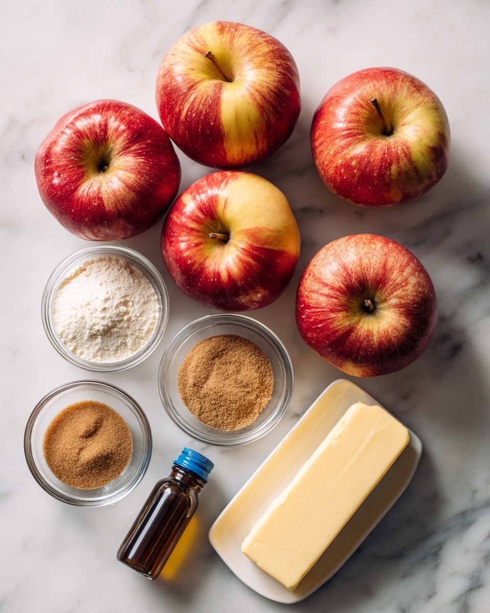 The image shows six whole apples with red and yellow skin placed on a white marbled surface. Around the apples, there are small clear glass bowls holding brown sugar, cinnamon, and cornstarch. A small rectangular white plate holds a light yellow stick of butter. A small dark bottle with a blue cap containing vanilla is also present on the white marbled surface. The arrangement is neat, with ingredients spread out and well lit, creating a clean and simple food preparation scene photo taken with an iphone --ar 4:5 --v 7
