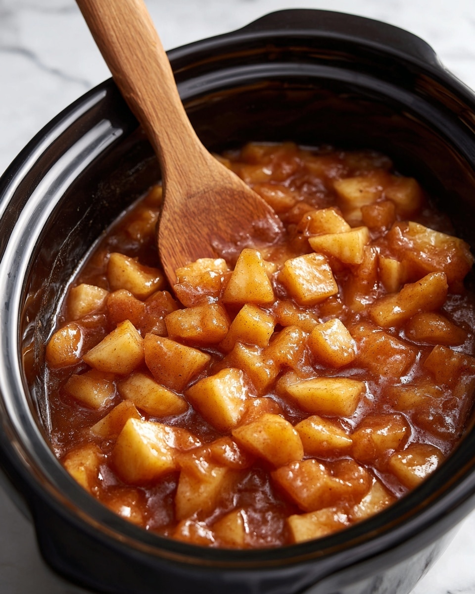 The image shows a black slow cooker filled with soft, peeled apple slices cooked in a thick, light brown sauce with visible cinnamon. The apple pieces are chunky and mixed evenly throughout the glossy sauce, which has a slightly sticky texture. A wooden spatula is partly submerged in the mixture, resting near the edge of the cooker. The background surface is a white marbled texture. photo taken with an iphone --ar 4:5 --v 7