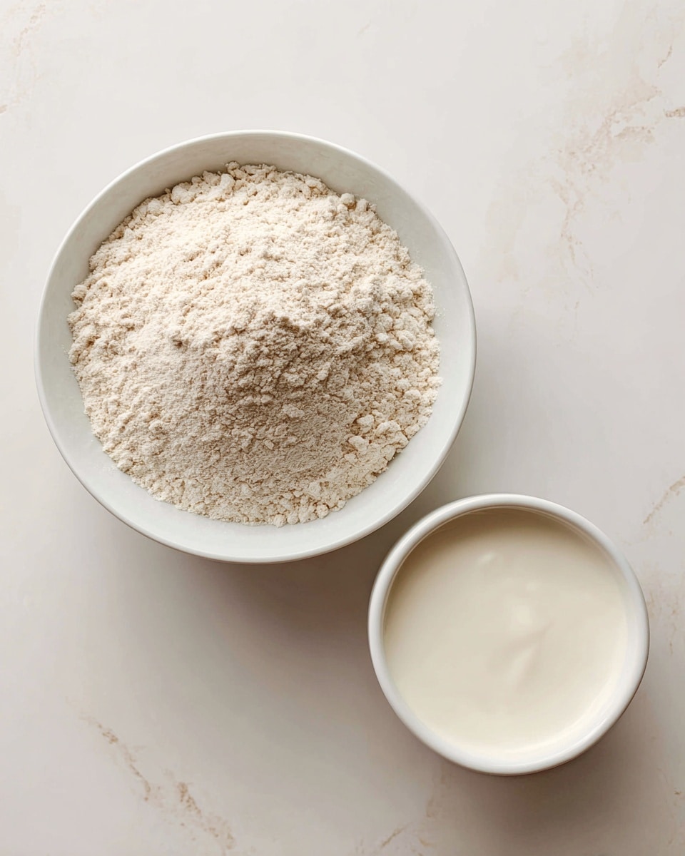 The image shows two white bowls on a white marbled surface. The larger bowl on the left is filled with a powdery, light beige self-rising flour, which has a soft and slightly uneven texture on top. The smaller bowl on the right contains heavy whipping cream, which has a smooth, creamy, white surface. Both bowls have a clean and simple look with no other objects around. Photo taken with an iphone --ar 4:5 --v 7