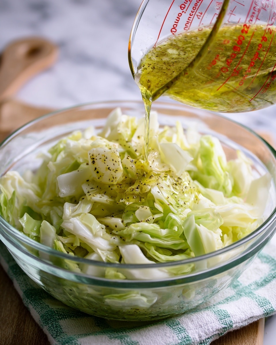 A close-up shot shows a clear glass bowl filled with chopped pale green and white cabbage pieces, which have a soft and slightly curly texture. Above the bowl, yellow-green dressing speckled with black herbs is being poured from a clear glass measuring cup with red markings, creating a thin stream landing on the cabbage. The bowl sits on a white and green checkered cloth, with a blurred wooden surface in the background replaced by a white marbled texture. Photo taken with an iphone --ar 4:5 --v 7