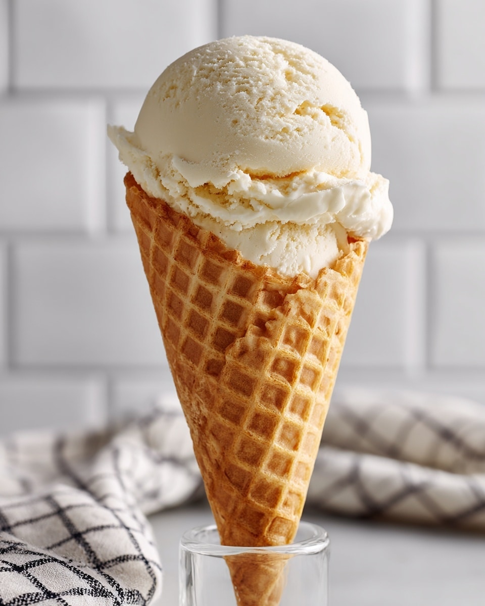 A single scoop of pale cream-colored ice cream with a smooth yet slightly uneven texture sits on top of a golden waffle cone that shows a detailed grid pattern. The ice cream scoop is rounded and has small soft ridges on its surface, creating a light, fluffy appearance. The cone is placed upright on a clear stand, set against a background of white marbled texture with white subway tiles in soft focus. A blurred checkered cloth in white and gray lies beneath, adding a cozy feel. photo taken with an iphone --ar 4:5 --v 7