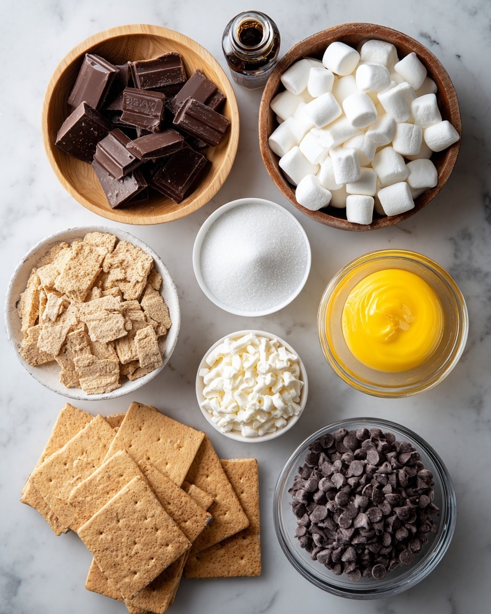 A white marbled surface holds several ingredients arranged neatly: at the top right, a wooden bowl filled with small white mini marshmallows; below it a small bottle of dark pure vanilla extract; in the center, a wooden bowl of white granulated sugar; at the top left, a clear glass bowl with dark semi-sweet chocolate chunks; next to it, at bottom left, a white bowl filled with light brown crushed graham crackers; below the crushed graham crackers, whole graham crackers are spread out; next to the graham crackers on the right, a clear glass bowl of bright yellow melted salted sweet cream butter; and at bottom right, a clear glass bowl filled with dark milk chocolate chips photo taken with an iphone --ar 4:5 --v 7