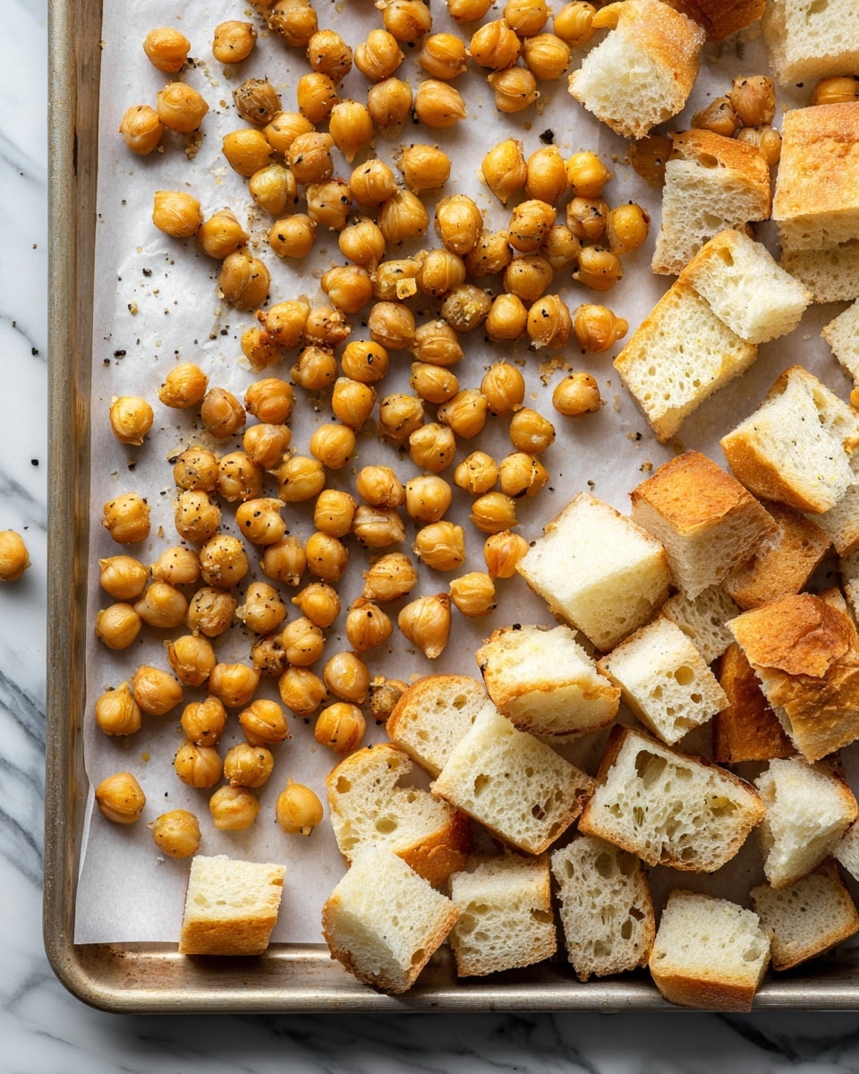 A baking sheet lined with white parchment paper sits on a white marbled surface, filled with scattered roasted chickpeas and cubed bread pieces. The chickpeas are a light brown color with a slightly textured surface, spread mostly across the top half of the sheet. The bread cubes, showing a soft, porous white interior and light golden crusts, cover the bottom half. Both chickpeas and bread cubes appear lightly seasoned with small specks of black pepper. The scene looks simple and rustic, with warm, natural lighting highlighting the textures. Photo taken with an iphone --ar 4:5 --v 7