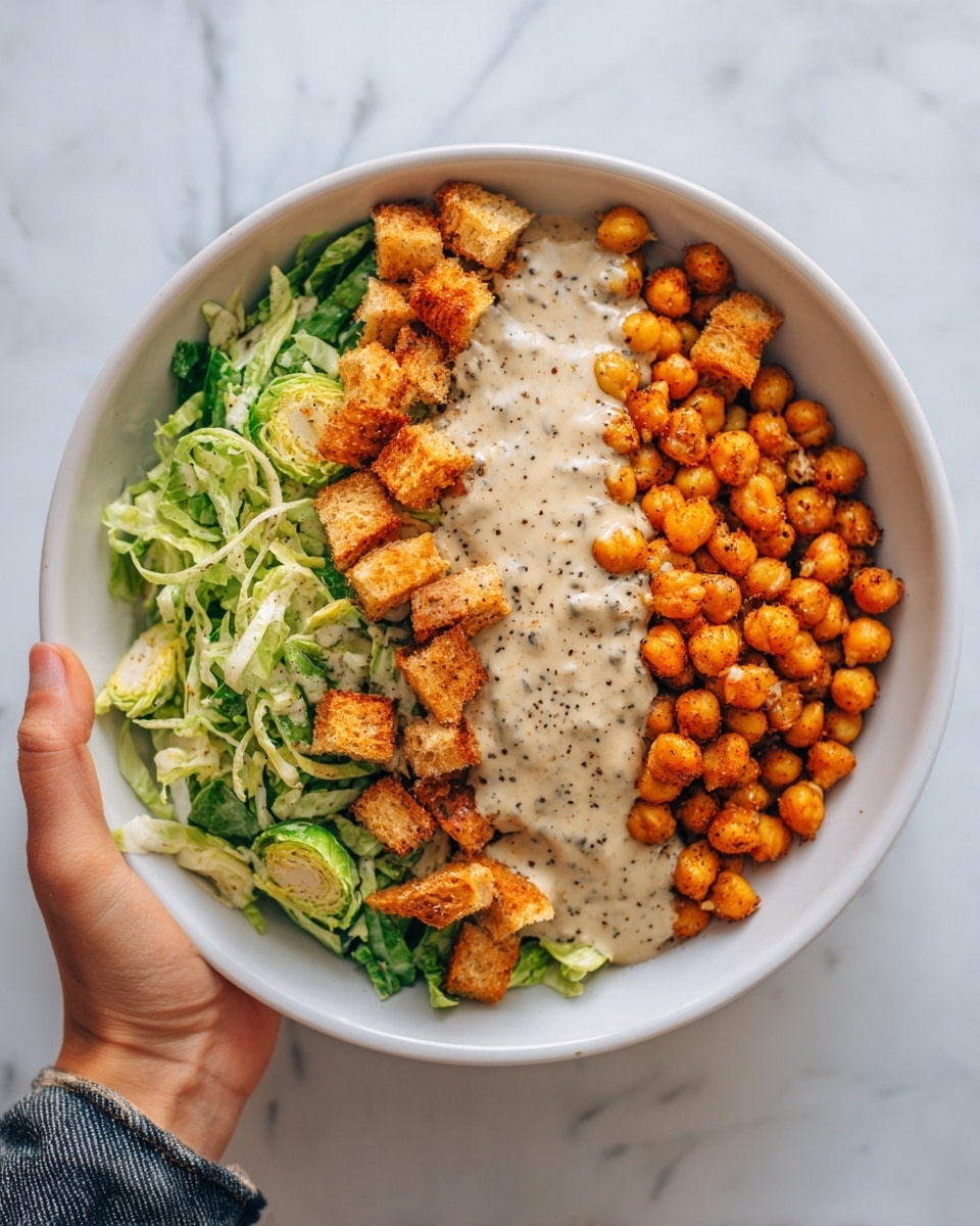 A white bowl filled with a fresh salad shows four main layers: at the bottom there are thin, bright green shredded Brussels sprouts leaves, next to it, there are crispy, golden brown croutons piled on one side, and on the other side, a heap of small, round roasted chickpeas with a light orange color and a slightly rough texture. The last layer is a light beige creamy dressing drizzled evenly over the salad, with specks of black pepper visible. The bowl is placed on a white marbled surface, and part of a woman's hand and forearm is seen holding it from the side. photo taken with an iphone --ar 4:5 --v 7