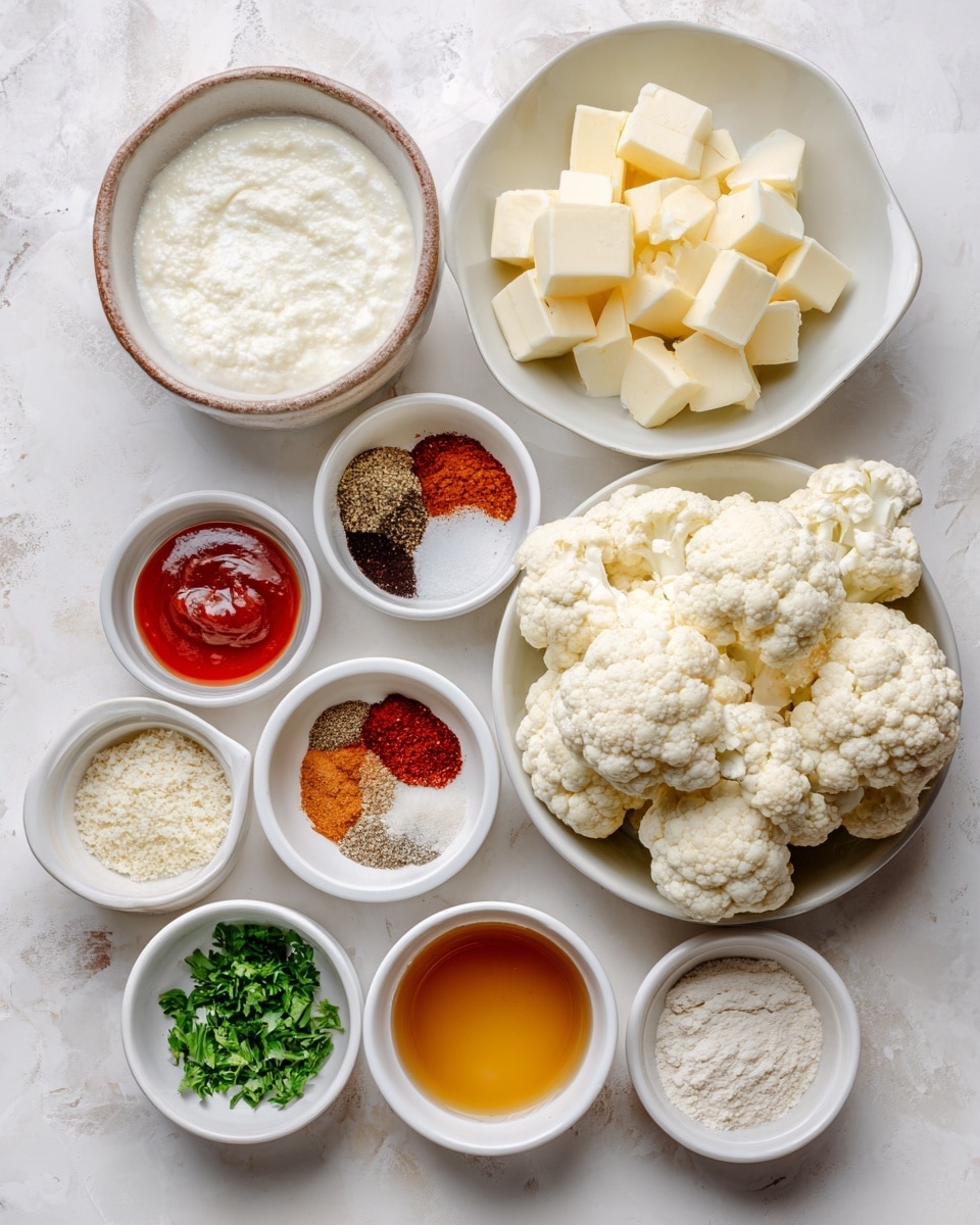 The image shows several white bowls and plates arranged on a white marbled texture. At the center right is a bowl with white cauliflower florets. Above that, a bowl contains chunks of pale yellow butter. To the left, a larger plate is filled with white buttermilk. A bowl with white breadcrumbs sits just above the buttermilk plate. Above the breadcrumbs, there is a small white bowl holding various spices in separate sections, including chili powder in dark brown, salt in white, pepper in black, paprika in red, cayenne in orange-red, and garlic powder in off-white. To the right of the spices, there are two small white bowls: one with red hot sauce and the other with a light-colored dressing. Below the cauliflower bowl, a small white bowl contains flour, and nearby is another small white bowl with a mix of white onion salt and garlic powder. At the bottom center is a small white bowl with amber-colored honey, and to the left, another small bowl holds chopped green parsley. Photo taken with an iphone --ar 4:5 --v 7