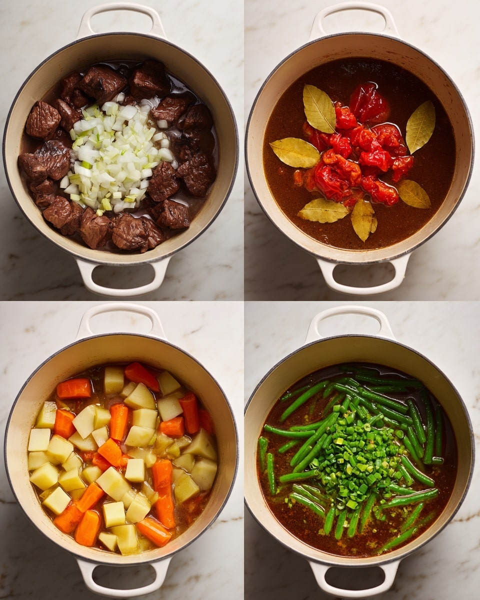 A white cast iron pot on a white marbled surface is shown in four stages of making a stew. The first stage contains dark brown cooked meat chunks with a pile of chopped white onions on top, creating a mix of brown and white. The second stage shows a brown broth filled half with a cluster of chopped red tomatoes and two yellow bay leaves floating on the surface. The third stage has the brown broth filled with added small diced pale yellow potatoes, orange carrots, and light green celery pieces, all sitting on top. The last stage has the brown broth with stew meat mixed in and topped with bright green chopped spring onions and cut green beans. Photo taken with an iphone --ar 4:5 --v 7