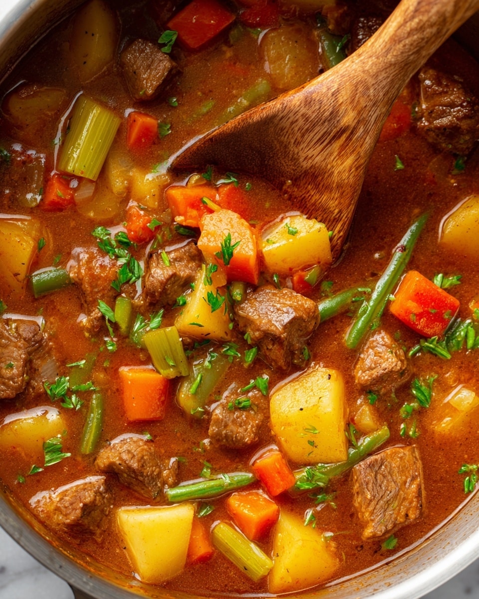 A close-up view of a thick stew in a large pot, showing chunks of brown meat and mixed vegetables floating in a rich brown broth. The stew has three main layers: large pieces of yellow potatoes and green celery with a soft texture, scattered diced orange carrots and green beans adding color and crunch, and tender brown meat pieces spread evenly throughout, all topped with small sprigs of fresh green parsley. A wooden spoon is partially submerged on the left side, stirring the mixture, with a background of white marbled texture. Photo taken with an iphone --ar 4:5 --v 7