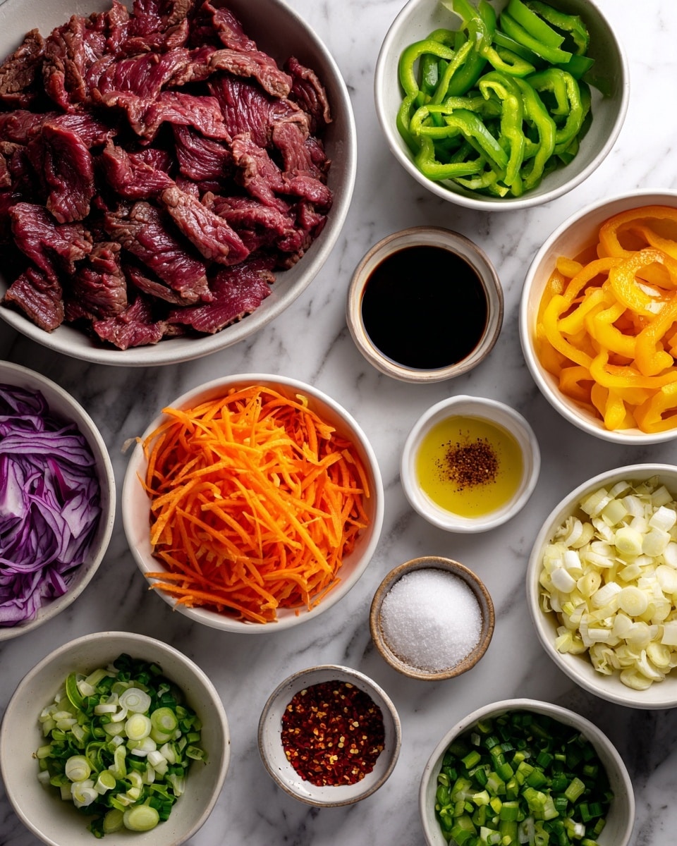 The image shows several white bowls arranged neatly on a white marbled surface, each containing different ingredients for beef stir-fry. There is one bowl of thinly sliced beef strips on the left, and around it are multiple smaller bowls with bright orange shredded carrots, purple sliced onions, green bell pepper strips, chopped green scallions, minced garlic, and mixed salt and pepper. Additional small white bowls hold dark soy sauce, light-colored vinegar, golden sesame oil, dark oyster sauce, clear soda bicarbonate, brown sugar, white cornstarch, and red pepper flakes. The ingredients are vibrant and clearly separated, with each bowl showing distinct colors and textures. photo taken with an iphone --ar 4:5 --v 7