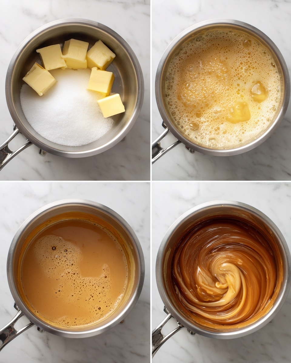 The image shows four close-up views of a cooking pot on a stove, each capturing a different stage of caramel sauce making. The top left pot contains a layer of white sugar and light yellow butter cubes partially melted on the bottom. The top right pot shows a bubbly, foamy creamy mixture in pale yellow as the sugar and butter melt together. The bottom left pot has a smooth light brown liquid with small bubbles, indicating further cooking and thickening. The bottom right pot features a rich, smooth caramel sauce with a glossy finish, swirling inside the pot. The pot is stainless steel and is set against a white marbled texture surface. photo taken with an iphone --ar 4:5 --v 7