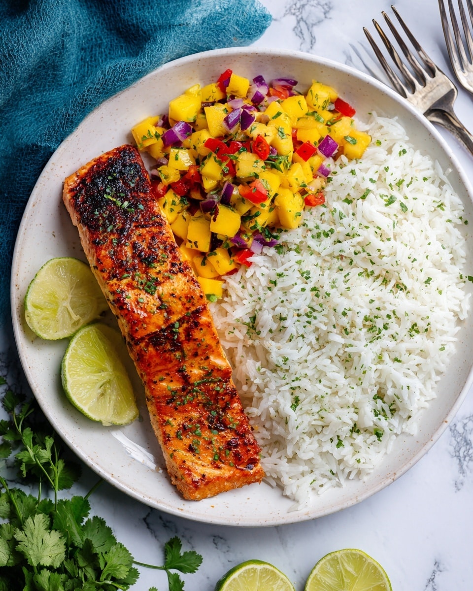 A white plate holds a meal with three main layers: on the right is white fluffy rice sprinkled lightly with green herbs, in the middle there is a colorful mango salsa made of small yellow, red, green, and purple chopped pieces, and on the left is a grilled salmon fillet with visible charred grill marks and a shiny, slightly orange-brown surface. Two lime wedges are placed at the bottom left of the plate next to the salmon. The plate sits on a white marbled surface with a blue cloth nearby and some silver forks and fresh green herbs around. photo taken with an iphone --ar 4:5 --v 7