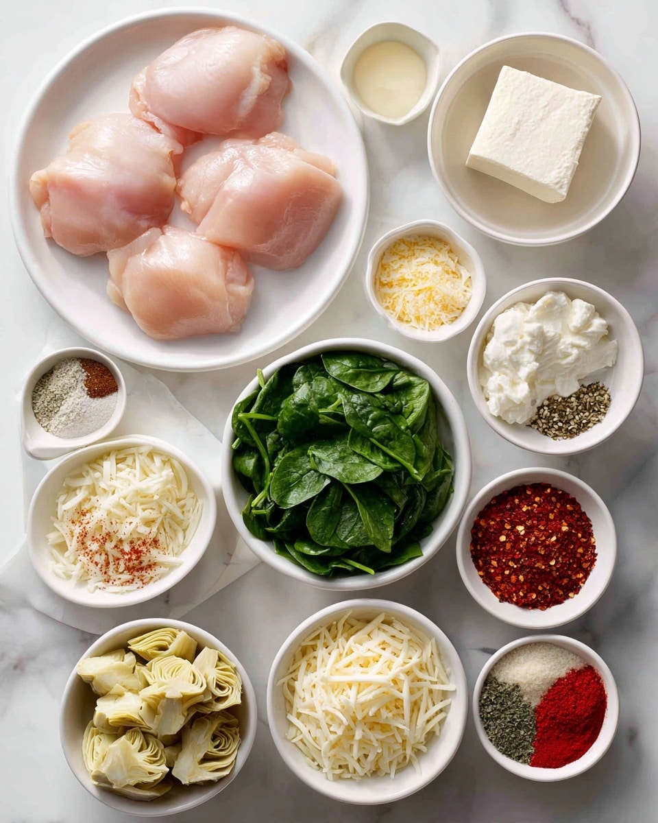 The image shows a top-down view of various white bowls and a white plate each holding different raw ingredients neatly arranged on a white marbled surface. Starting from the largest white plate on the left, it holds four pale pink raw chicken pieces side by side with smooth textures. To the right, small to medium white bowls hold different items: a bowl of creamy white half and half liquid, a square block of cream cheese with a soft texture, a bowl filled with shredded white mozzarella cheese, and a bowl with chopped artichoke hearts in light green and yellow shades. Below these, there is a bowl of bright green frozen spinach clumps, a bowl of fresh dark green spinach leaves, and a bowl of finely grated pale yellow parmesan cheese. Smaller bowls hold finely chopped white garlic, deep red colored mild paprika powder, a mixed blend of Italian seasoning with green, red and beige herbs, white salt crystals, and black peppercorns. Each item is clearly labeled with red text and the whole arrangement is bright and clean. Photo taken with an iphone --ar 4:5 --v 7