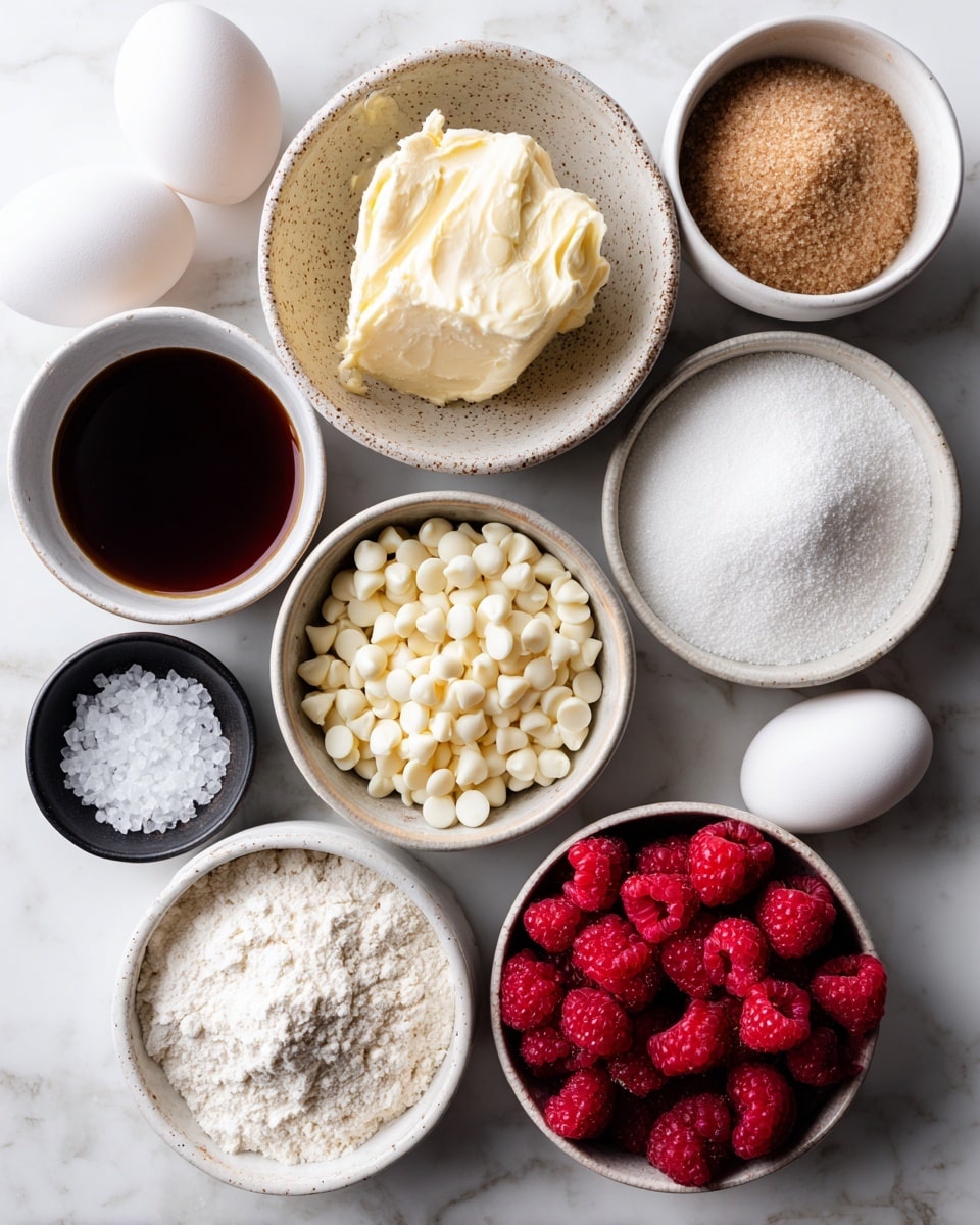 A top view of eight white bowls and two white eggs arranged on a white marbled surface. The bowls contain different ingredients: smooth, creamy butter in a textured bowl at top center; light brown brown sugar with a soft, granulated texture in a bowl to the right; granulated white sugar in a smooth bowl near the bottom center; fine white flour with a powdery texture next to the brown sugar; bright red fresh raspberries in a round bowl at bottom right; small white chocolate chips filling a larger bowl in the center; a small bowl of dark brown vanilla liquid to the left of the butter; and a small black bowl of white salt granules to the left of the bowl of white chocolate. Two whole white eggs rest on the bottom left. All bowls and eggs are neatly arranged against the clean white marbled background. Photo taken with an iphone --ar 4:5 --v 7