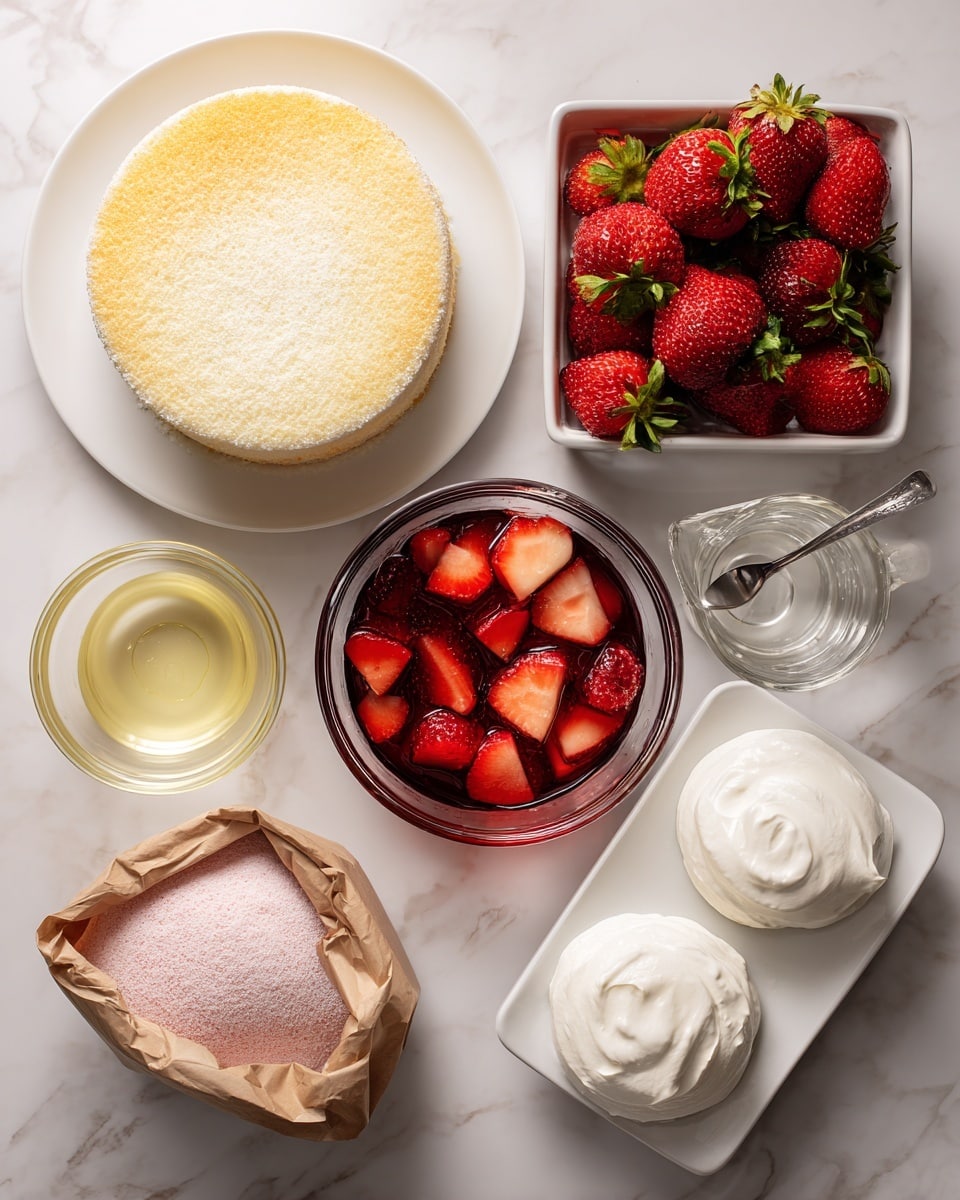 A white round angel food cake with a soft golden crust sits on a white plate at the bottom left. To the right, a clear glass bowl is filled with bright red, chunky sliced strawberries, while above it a square white bowl holds whole fresh strawberries with green tops. In the upper right corner, three white containers of cool whip show smooth, fluffy white cream. Near the center is a small glass cup with light yellow lemon juice and a silver spoon inside, and next to it is a clear measuring cup with clear water. At the middle left is a small brown paper bag open and filled with pink strawberry jello mix. All items rest on a white marbled surface with handwritten text labeling each ingredient. Photo taken with an iphone --ar 4:5 --v 7