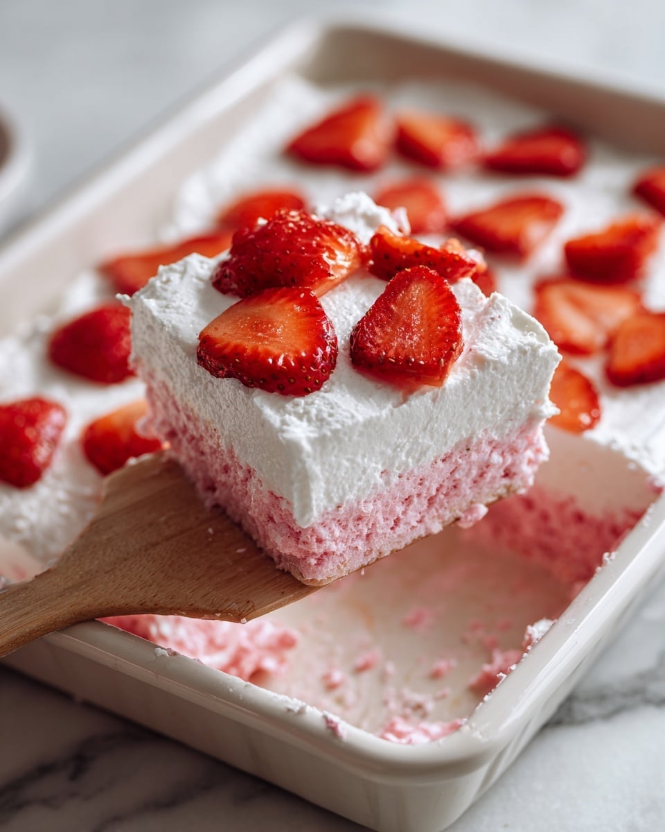 A square slice of layered dessert sits in a white baking pan on a white marbled surface, showing three distinct layers: a bottom pink fluffy cream mixed with small strawberry pieces, a thick middle layer of smooth white whipped cream, and fresh sliced strawberries arranged on top in a scattered pattern. The top layer is creamy white with a soft texture, decorated with vibrant red strawberry halves that pop against the white cream. A wooden spatula with a flat edge lifts one slice, and the edges of the dessert are slightly messy with pink cream stuck to the pan. The scene is bright and inviting, with a woman’s hand holding the spatula just visible. Photo taken with an iphone --ar 4:5 --v 7