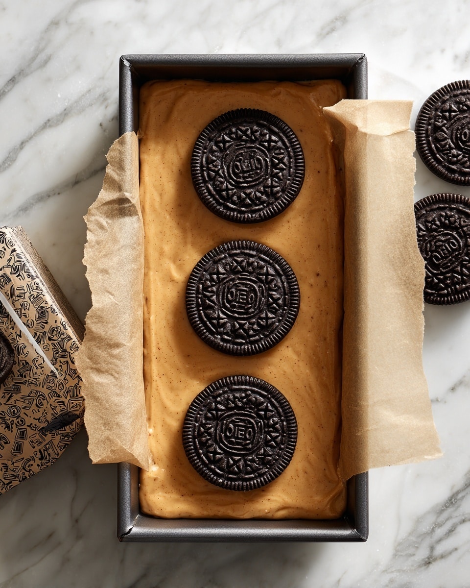 A rectangular baking pan lined with parchment paper holds a single even layer of light brown batter spread smoothly inside. Three black sandwich cookies are placed on top of the batter toward one corner, each cookie showing its detailed embossed pattern clearly. The pan sits on a white marbled surface with a partial view of the cookies' packaging nearby. photo taken with an iphone --ar 4:5 --v 7