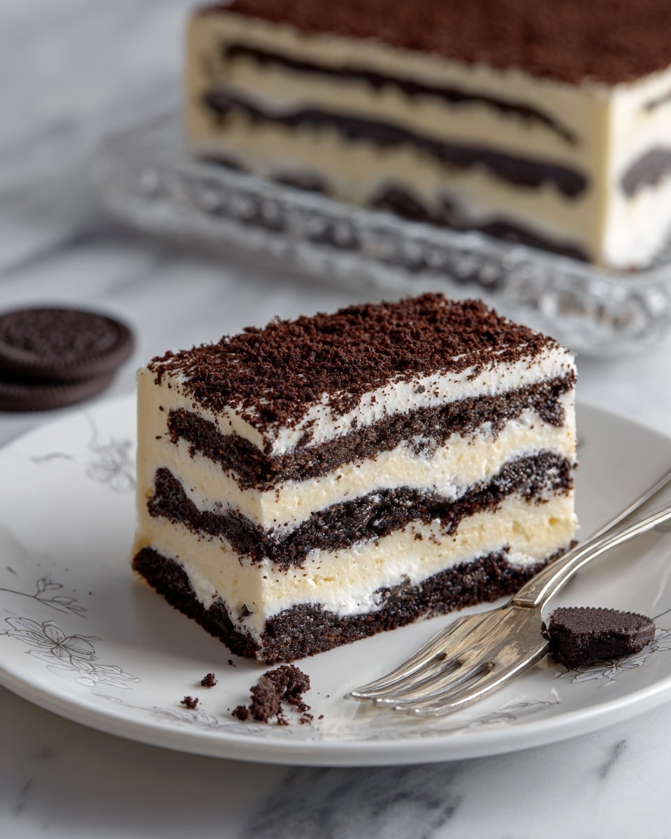 A close-up view of a slice of layered dessert showing roughly four layers of black cookies with white cream filling sandwiched between thick beige cream layers. The cookies are arranged horizontally and closely packed within the beige cream. The slice sits on a white plate with a subtle floral pattern, accompanied by a small piece of broken cookie and a silver fork placed nearby at the plate's edge. In the background, part of a larger square-shaped dessert block with similar layers is visible on a clear glass serving dish, resting on a white marbled surface. A single whole cookie lies beside the plate. Photo taken with an iphone --ar 4:5 --v 7
